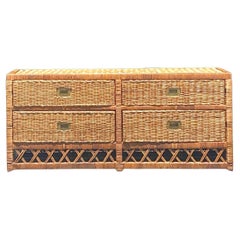 Vintage Coastal Woven Rattan Low Dresser