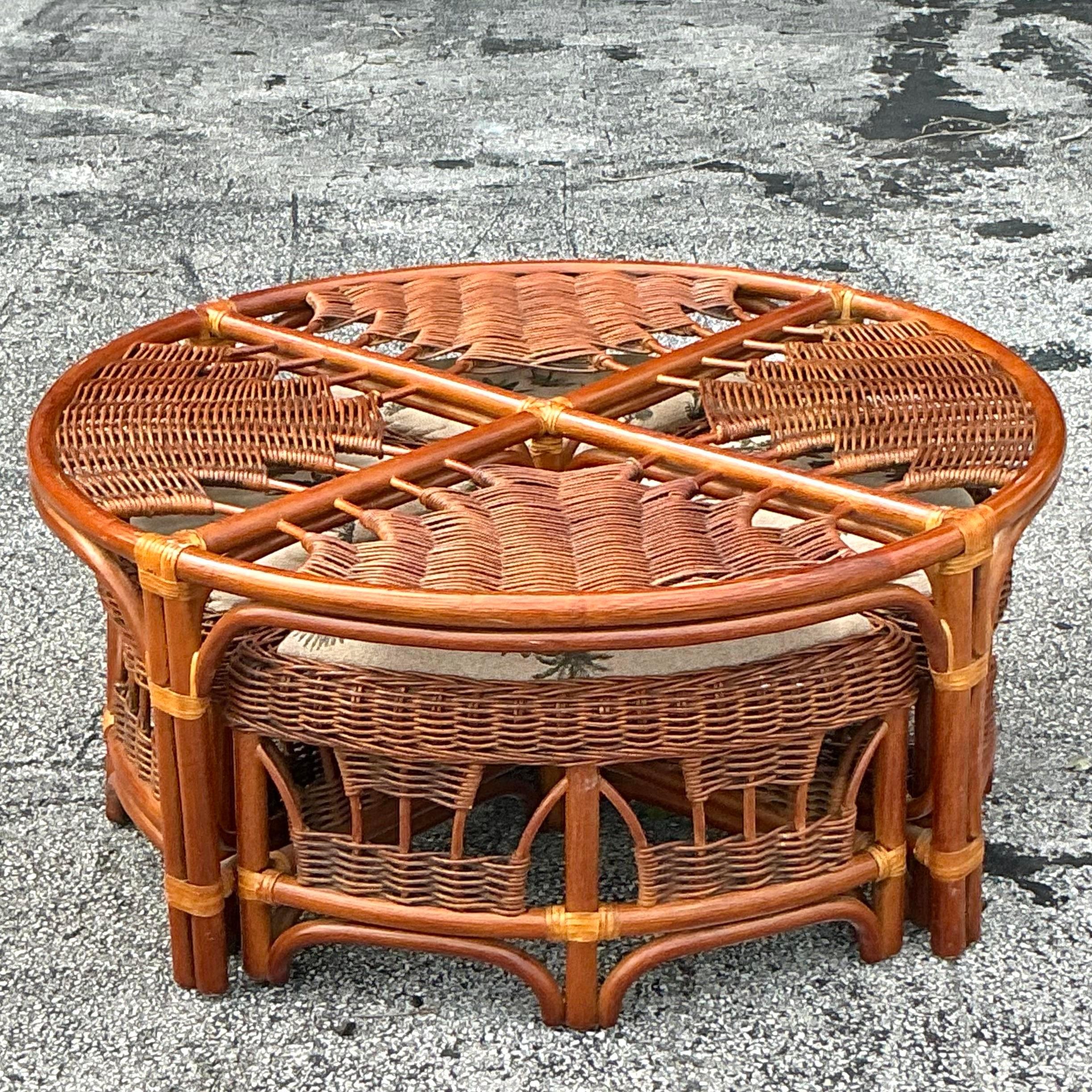 Philippine Vintage Coastal Woven Rattan Low Game Table Set of 5 For Sale
