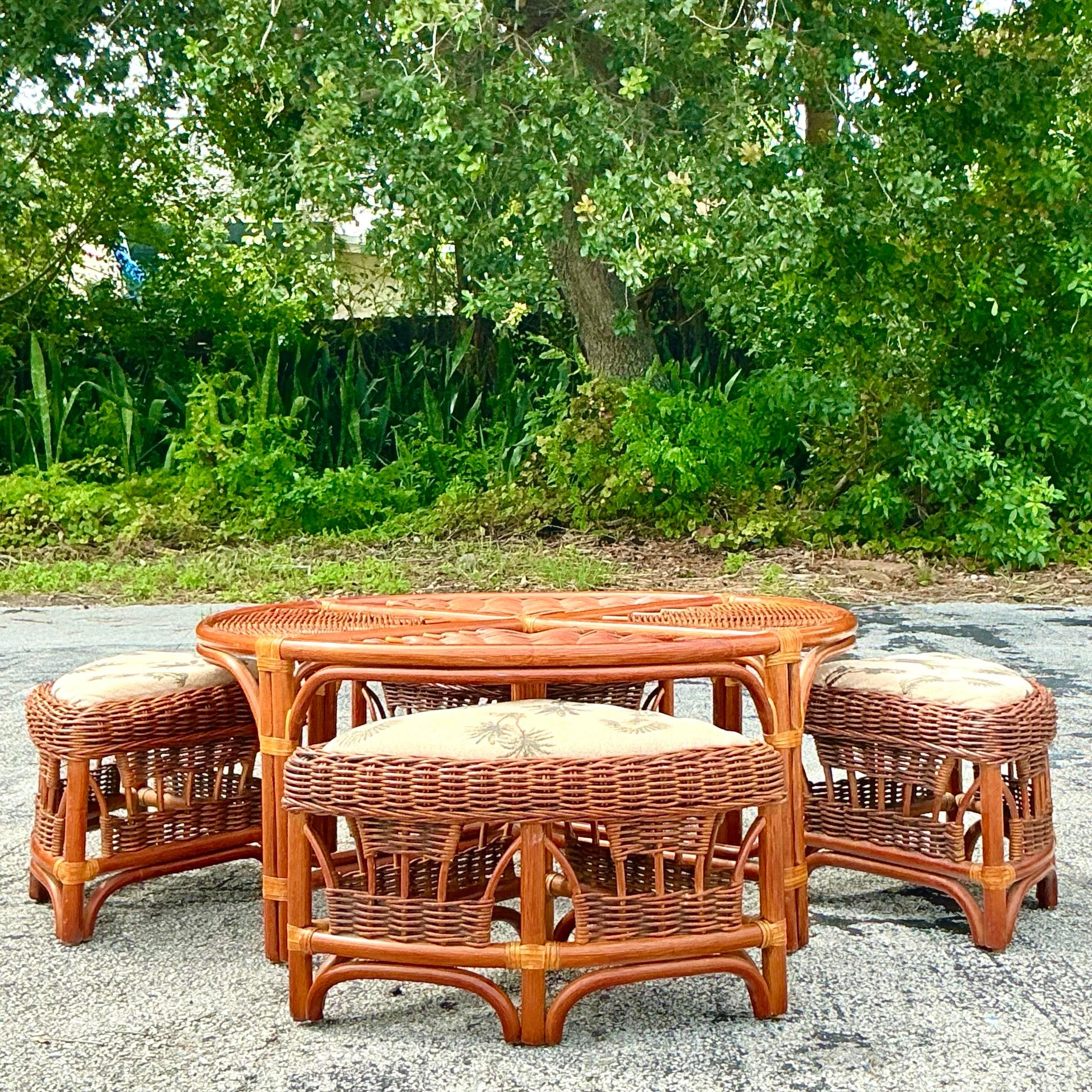 Vintage Coastal Woven Rattan Low Game Table Set of 5 In Good Condition For Sale In west palm beach, FL