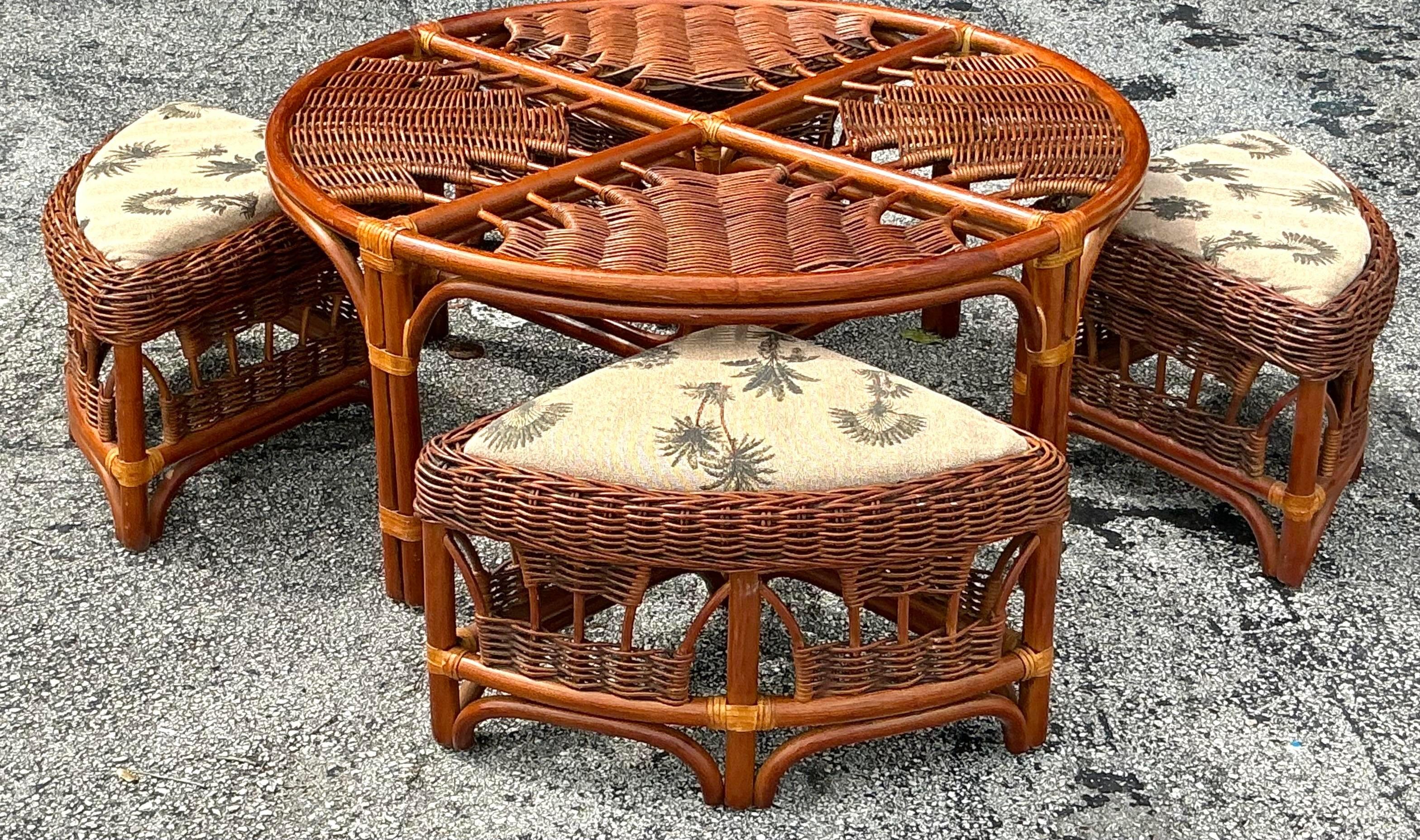 20th Century Vintage Coastal Woven Rattan Low Game Table Set of 5 For Sale