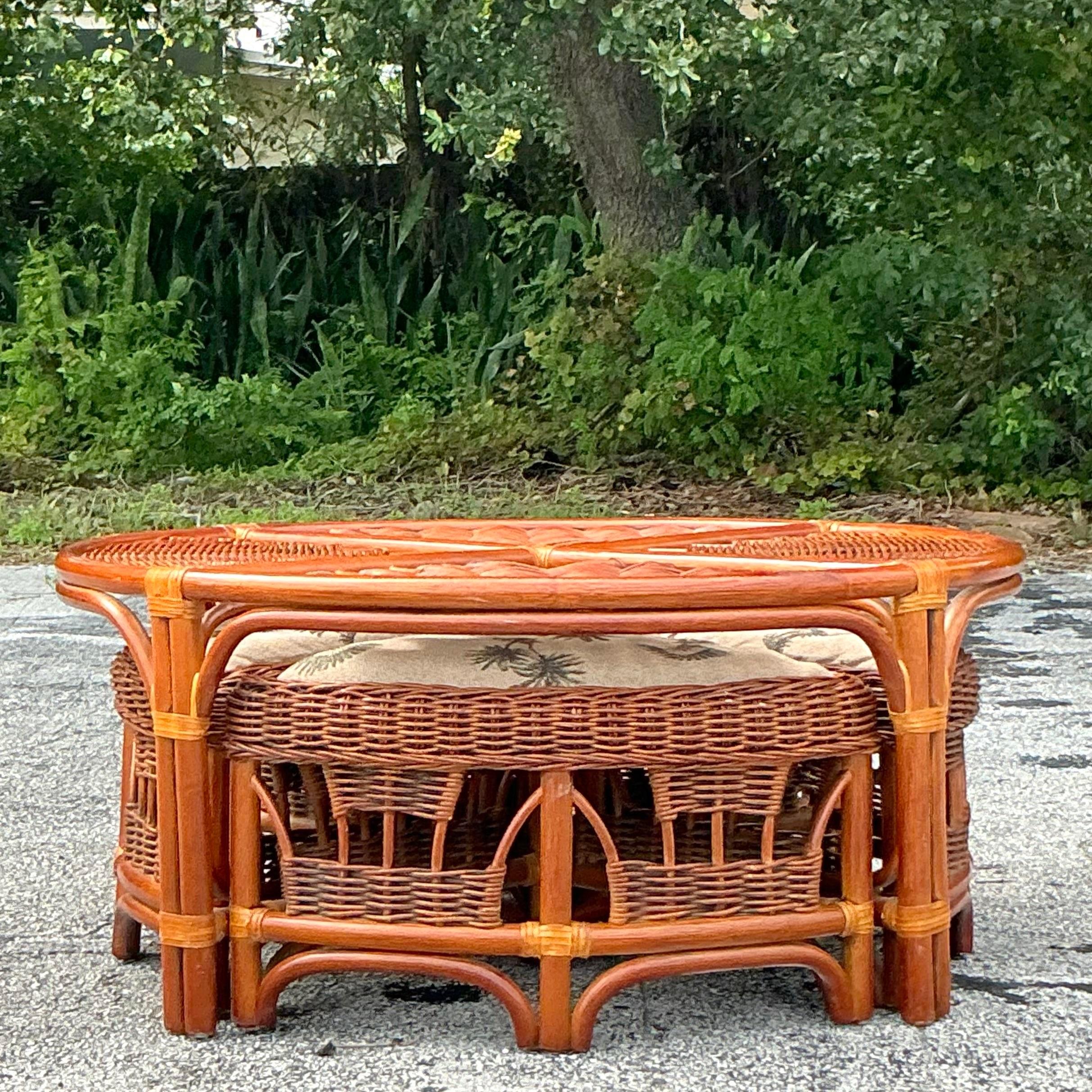Upholstery Vintage Coastal Woven Rattan Low Game Table Set of 5 For Sale