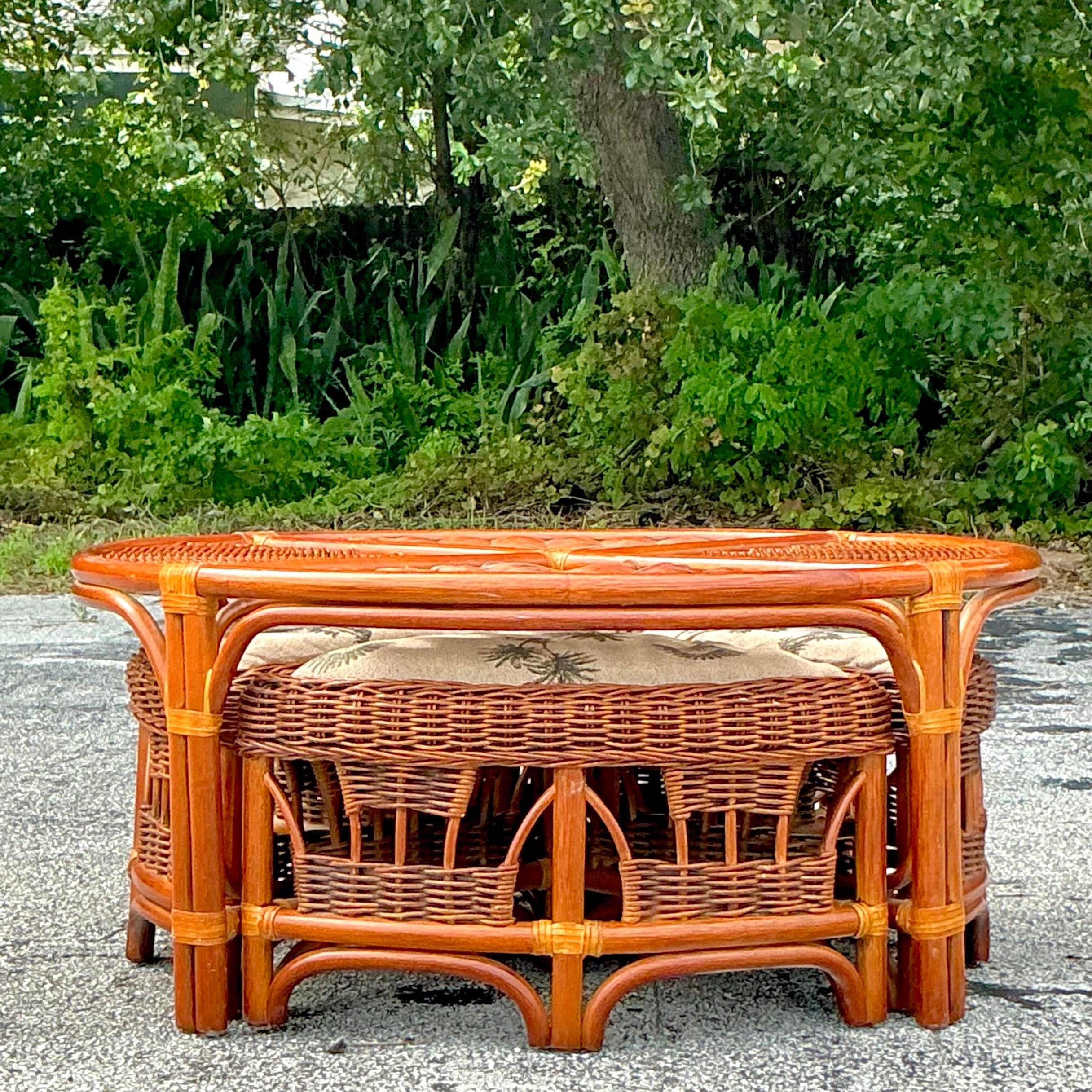 Vintage Coastal Woven Rattan Low Game Table Set of 5 For Sale 1