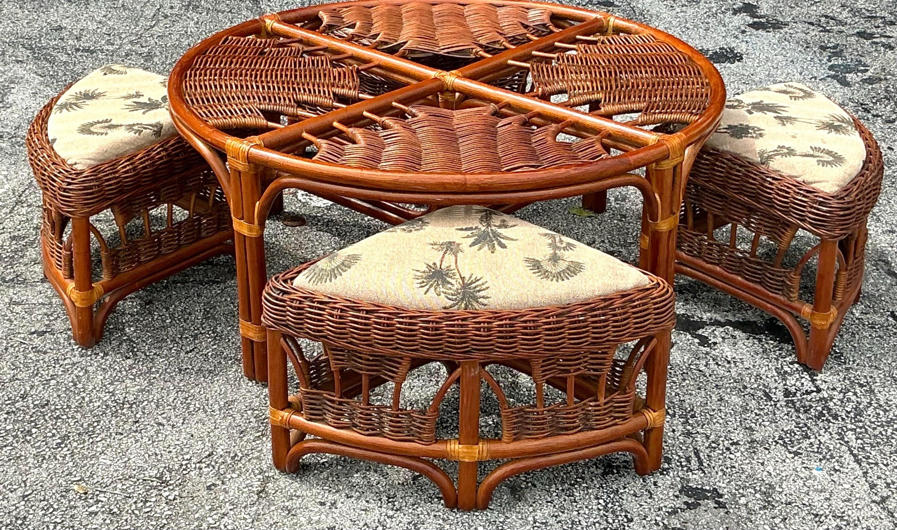 Vintage Coastal Woven Rattan Low Game Table Set of 5 For Sale 3