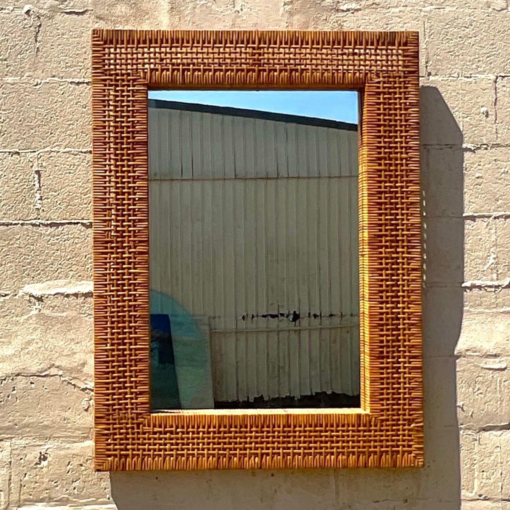 Vintage Coastal Woven Rattan Mirror In Good Condition For Sale In west palm beach, FL