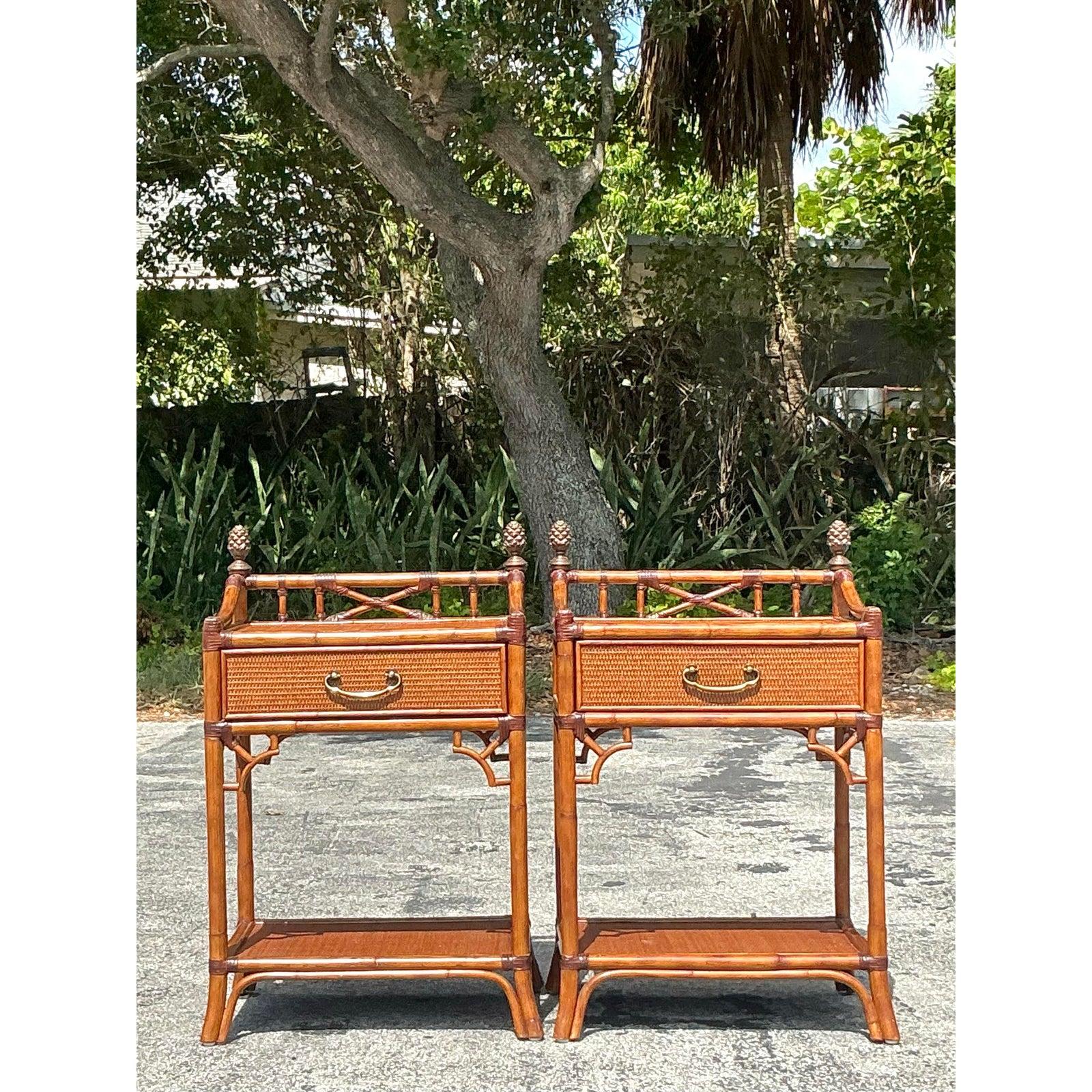 Bring a touch of effortless coastal charm and vintage elegance to your home with this delightful pair of woven rattan nightstands. Expertly crafted with a beautiful woven surface and sturdy rattan frame, these bedside tables showcase exceptional