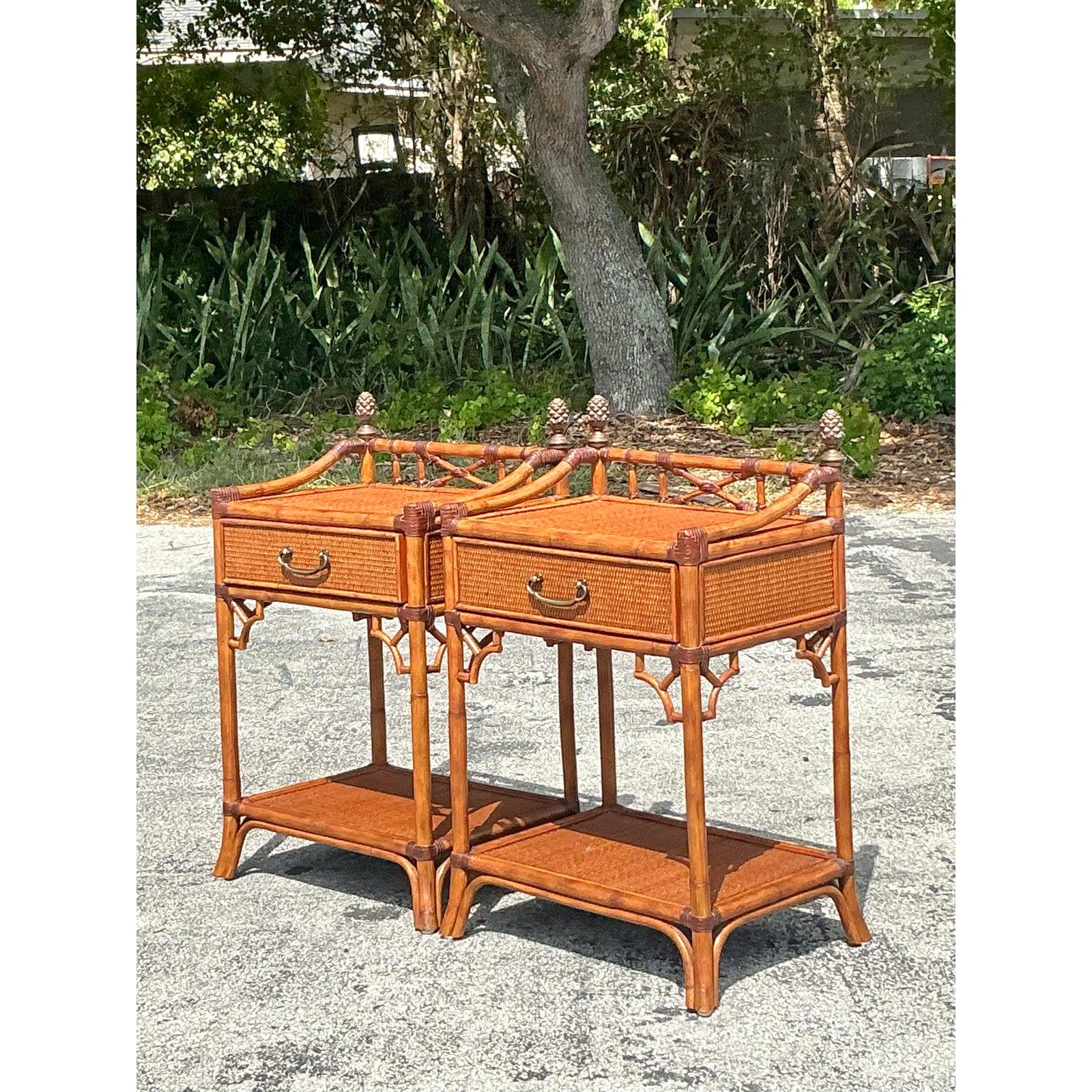 Asian Vintage Coastal Woven Rattan Nightstands - A Pair For Sale