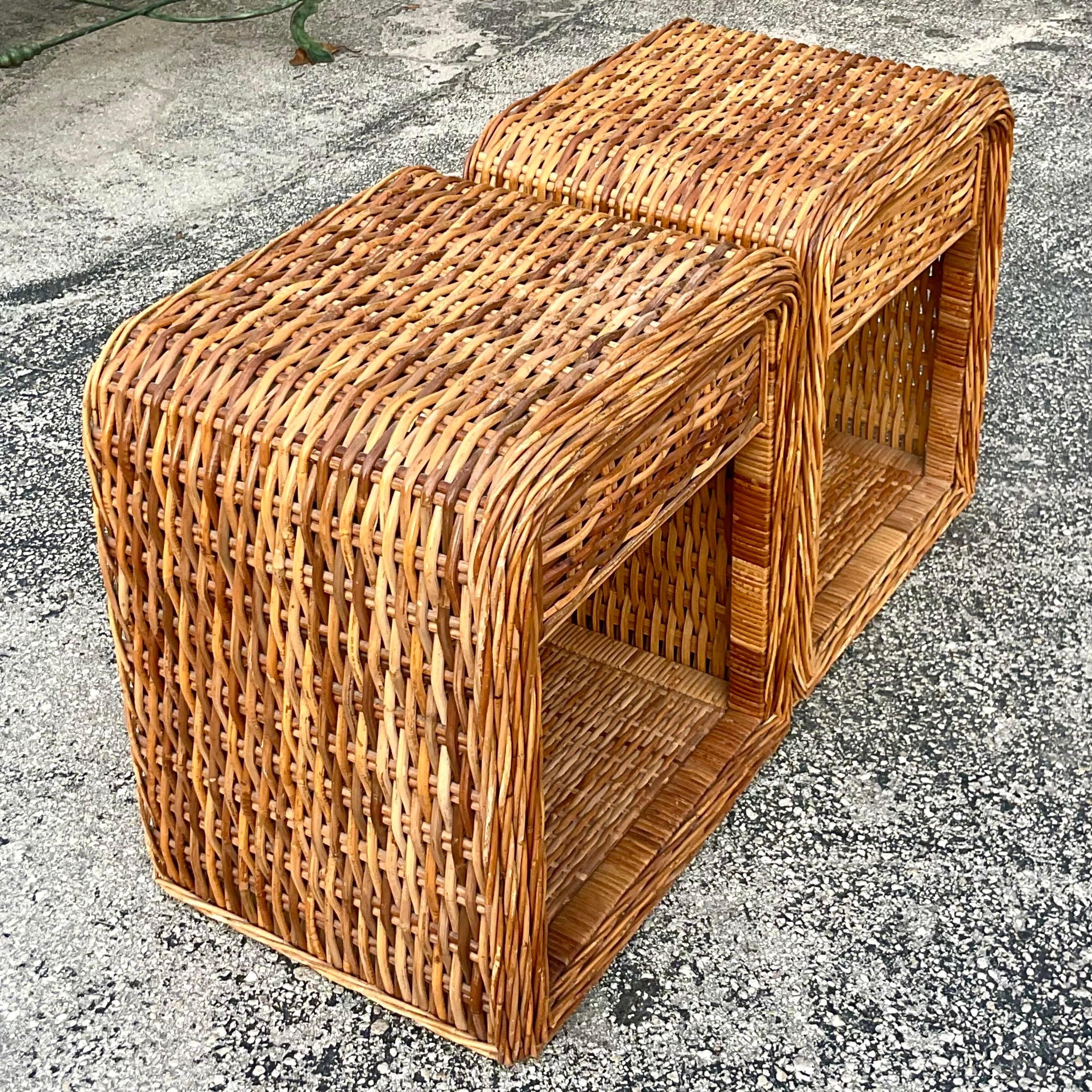 Vintage Coastal Woven Rattan Nightstands, a Pair In Good Condition In west palm beach, FL