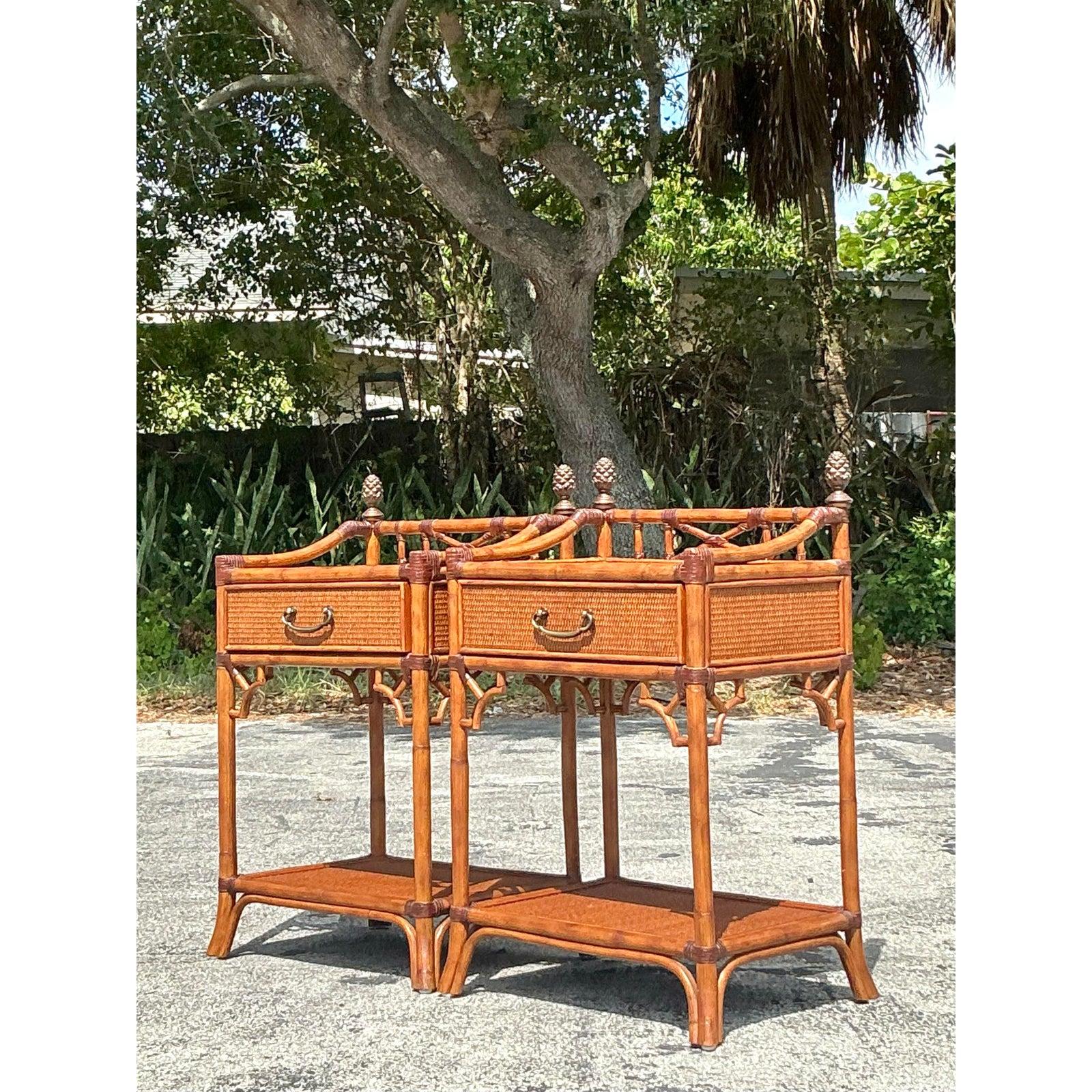 Vintage Coastal Woven Rattan Nightstands - A Pair In Good Condition For Sale In west palm beach, FL