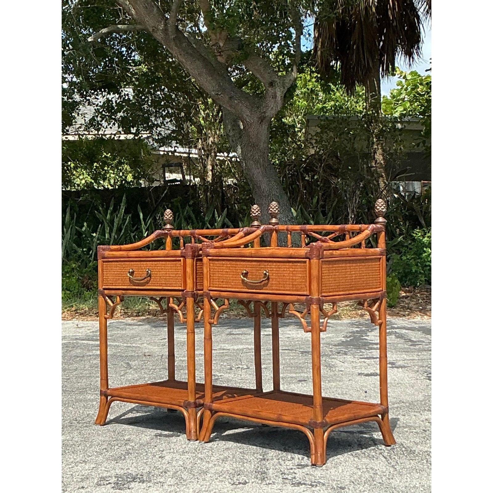 20th Century Vintage Coastal Woven Rattan Nightstands - A Pair For Sale