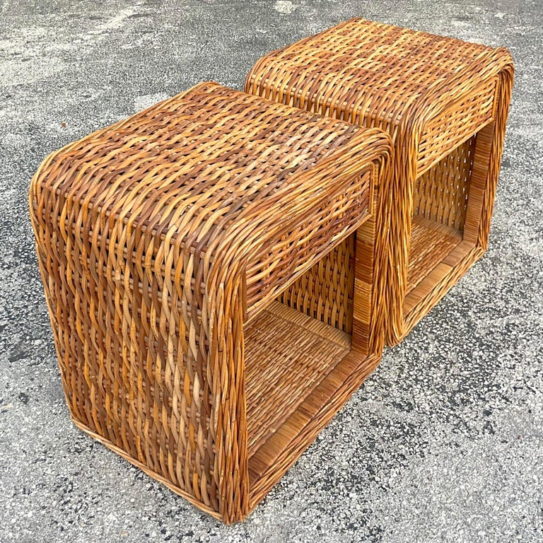 Vintage Coastal Woven Rattan Nightstands, a Pair For Sale at 1stDibs