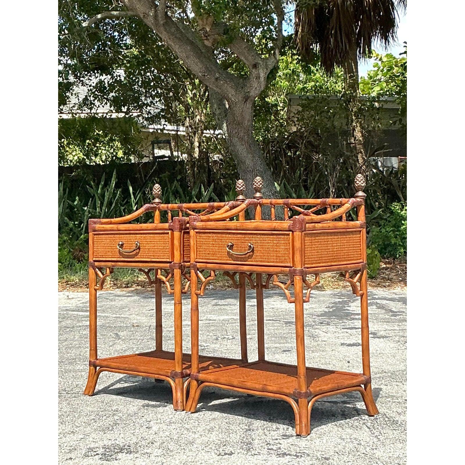 Vintage Coastal Woven Rattan Nightstands - A Pair For Sale 1