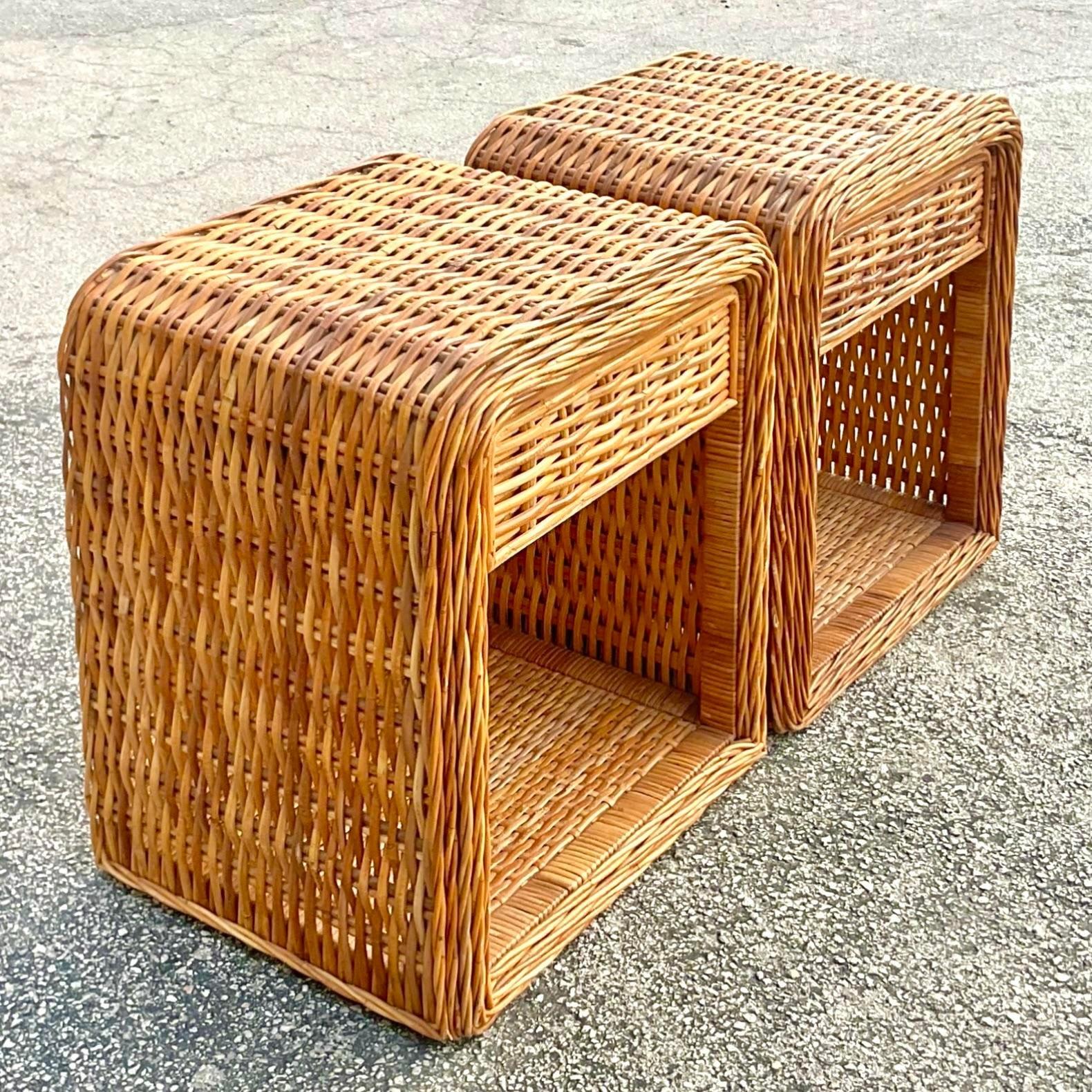 Vintage Coastal Woven Rattan Nightstands, a Pair 2