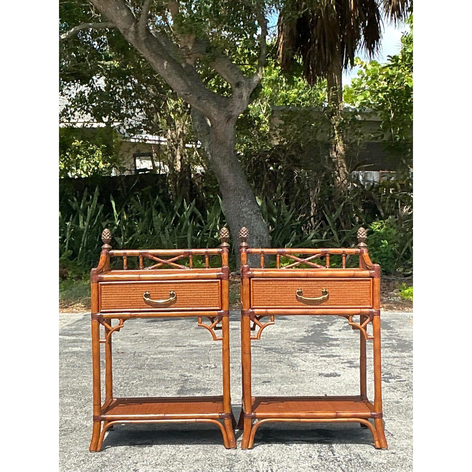 Vintage Coastal Woven Rattan Nightstands - A Pair For Sale 2