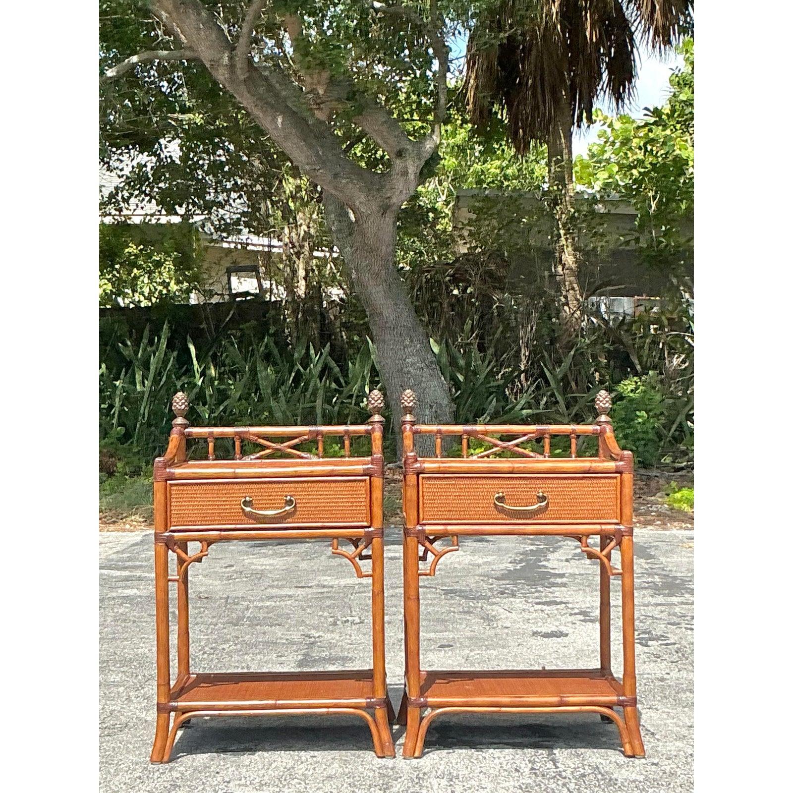 Vintage Coastal Woven Rattan Nightstands - A Pair For Sale 3