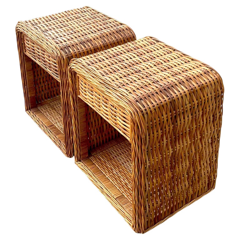 Vintage Coastal Woven Rattan Nightstands, a Pair For Sale at 1stDibs