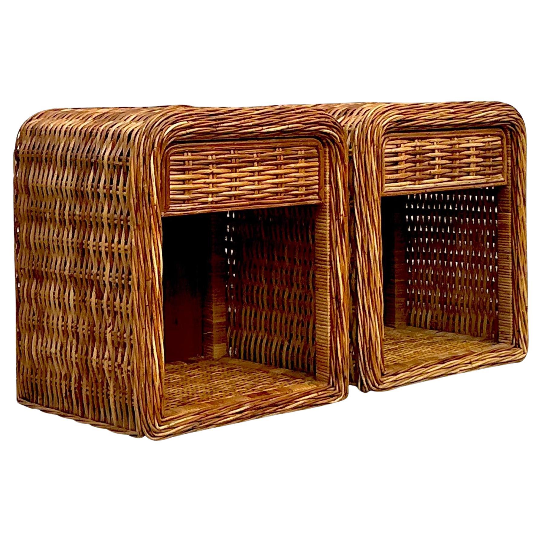 Vintage Coastal Woven Rattan Nightstands - a Pair