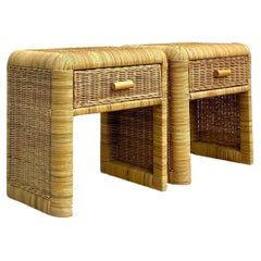Vintage Coastal Woven Rattan Nightstands - a Pair