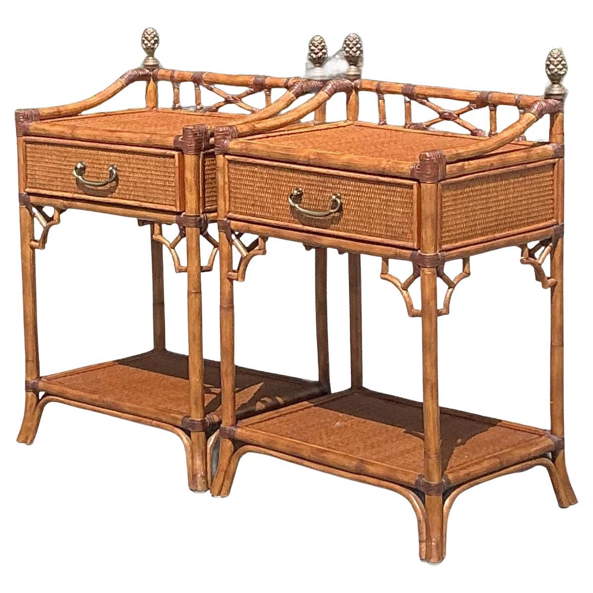 Vintage Coastal Woven Rattan Nightstands - A Pair