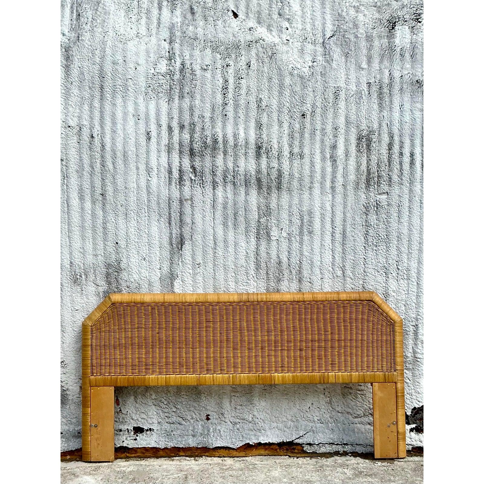 20th Century Vintage Coastal Woven Rattan Notched King Headboard For Sale