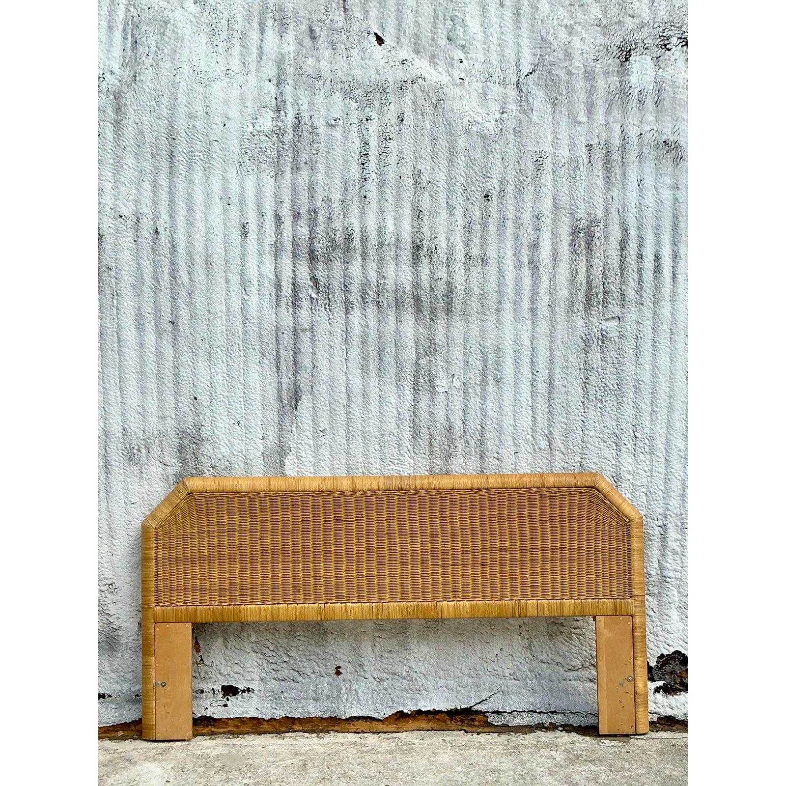 Vintage Coastal Woven Rattan Notched King Headboard For Sale 1