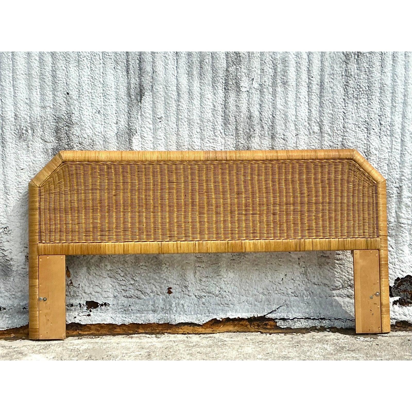 Vintage Coastal Woven Rattan Notched King Headboard For Sale 2
