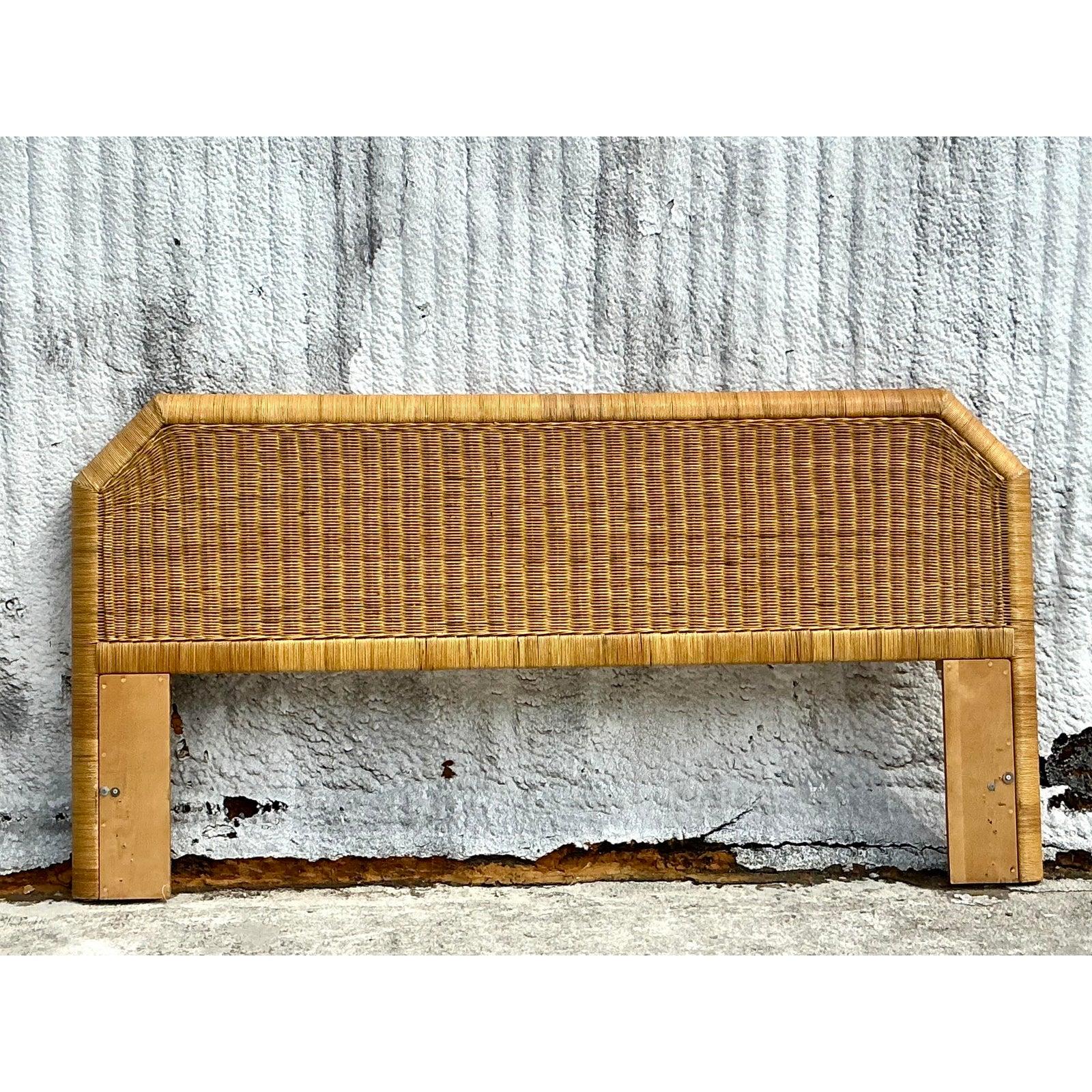 Vintage Coastal Woven Rattan Notched King Headboard For Sale 3