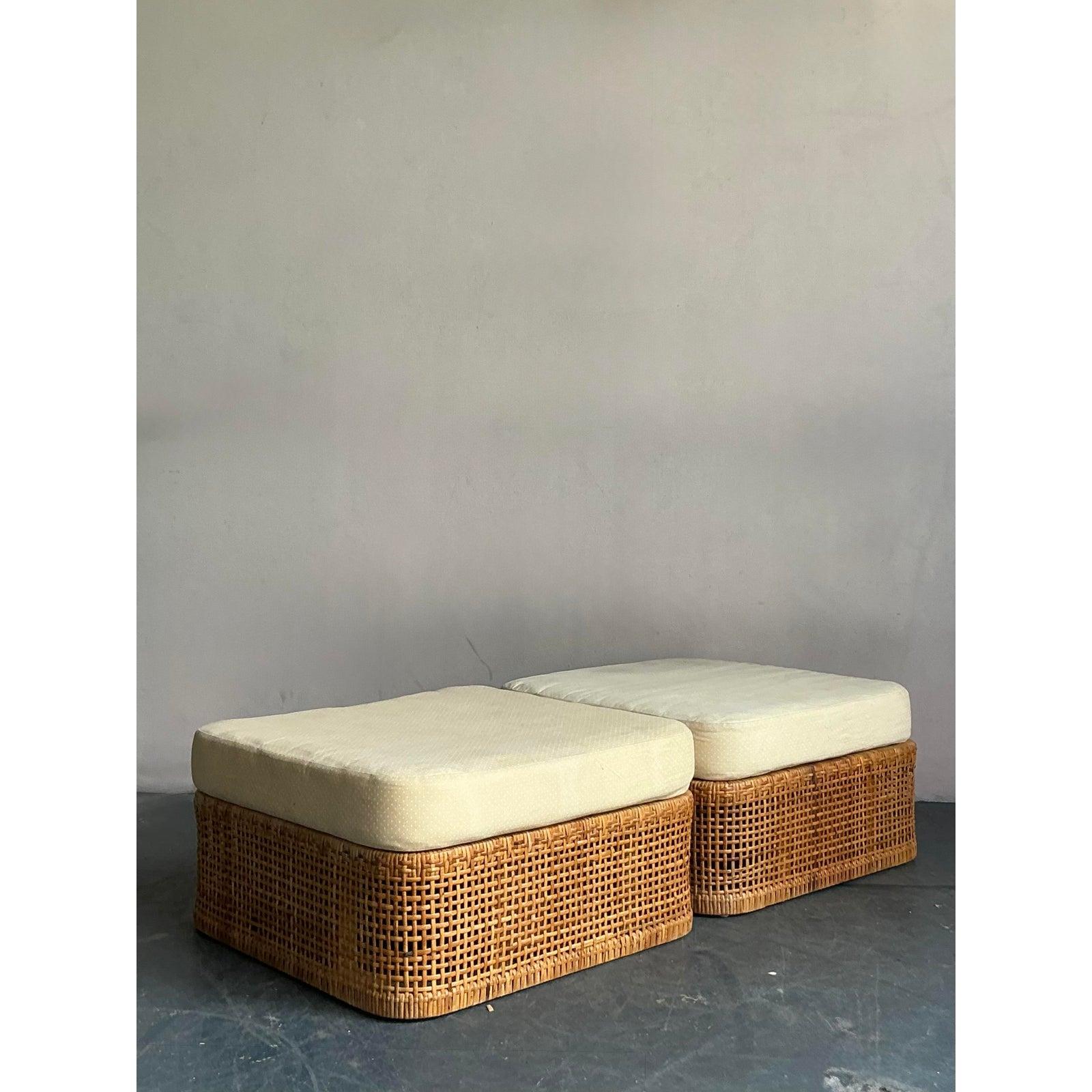 Rustic Vintage Coastal Woven Rattan Ottomans - A Pair For Sale