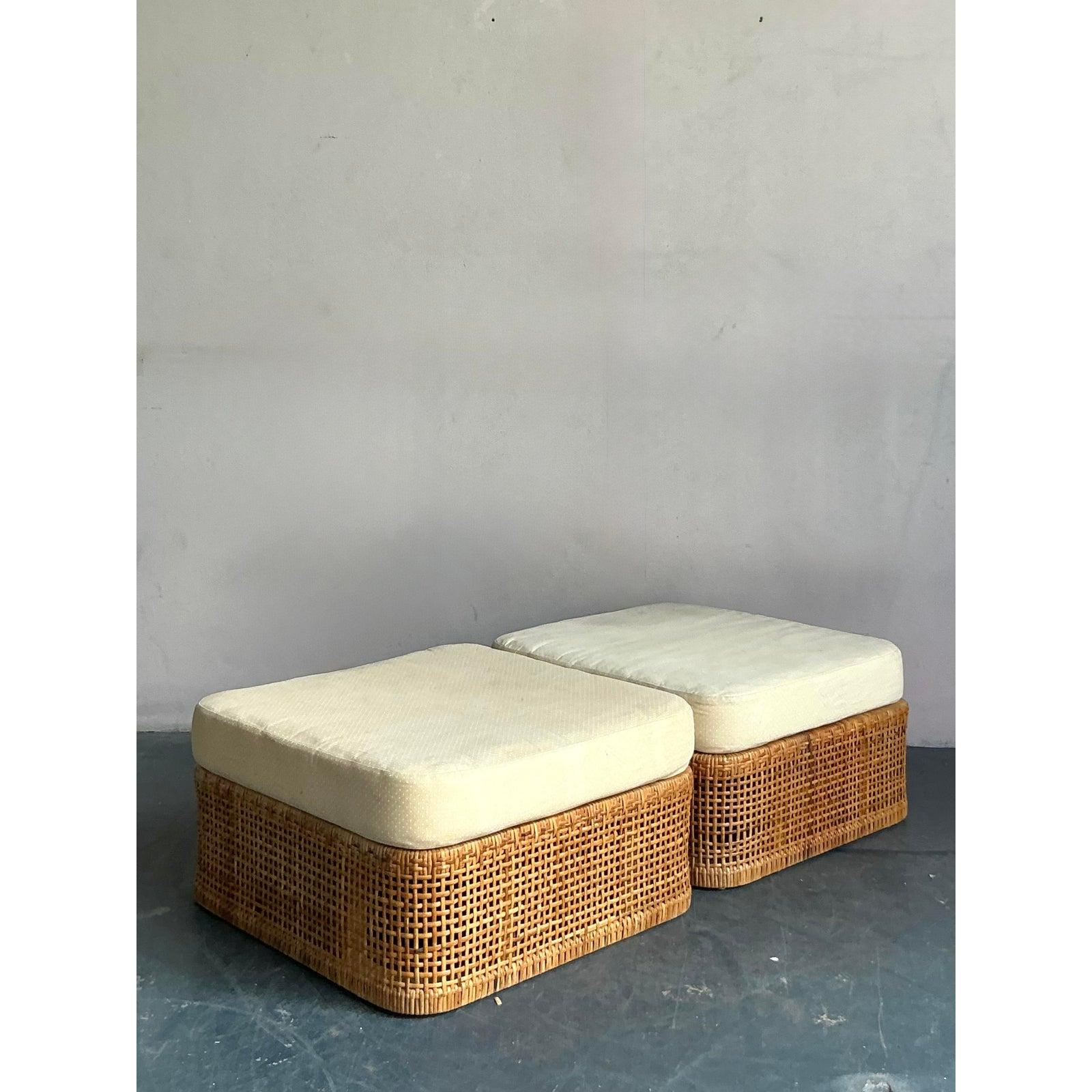Philippine Vintage Coastal Woven Rattan Ottomans - A Pair For Sale