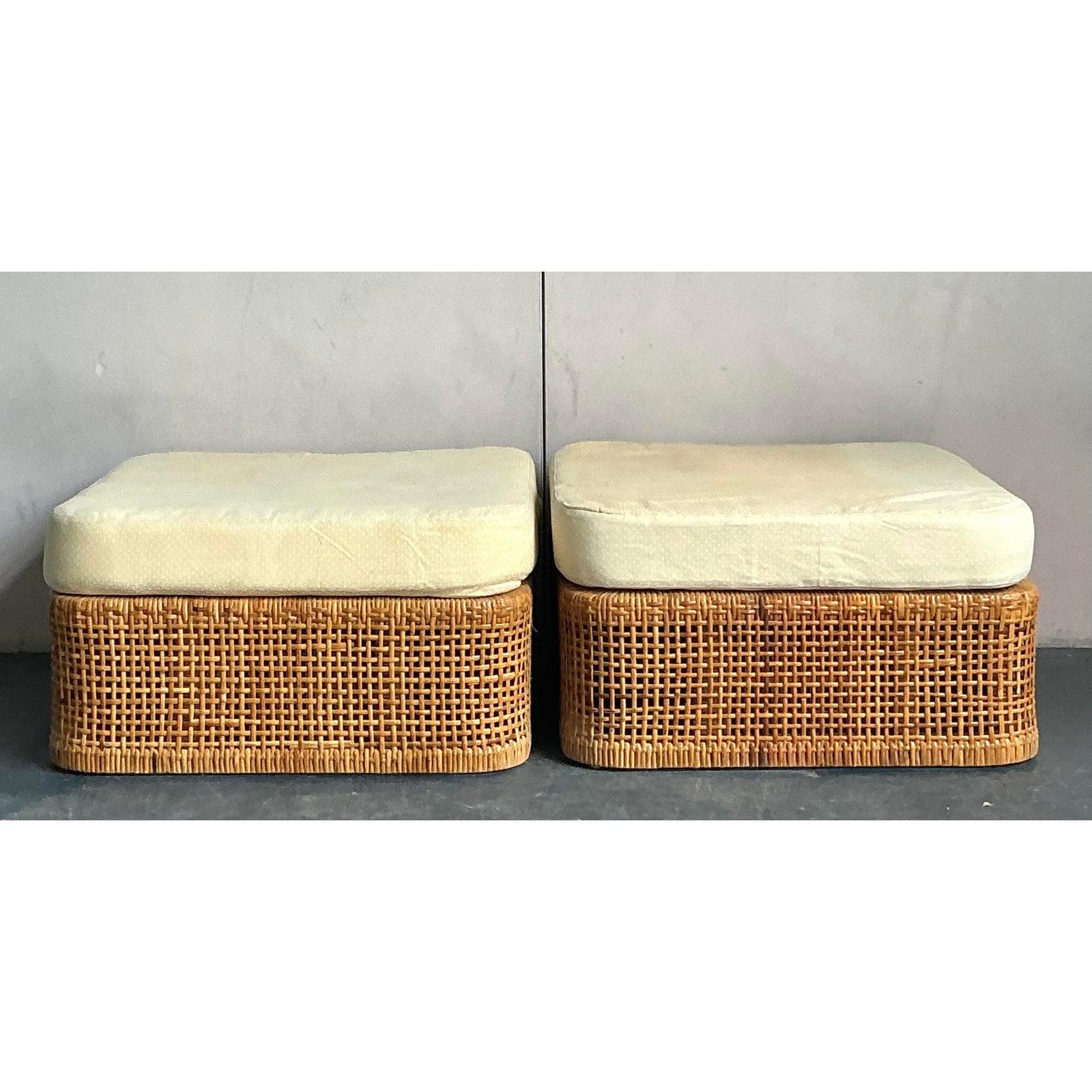 Vintage Coastal Woven Rattan Ottomans - A Pair In Good Condition For Sale In West Palm Beach, FL
