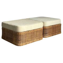 Vintage Coastal Woven Rattan Ottomans - A Pair