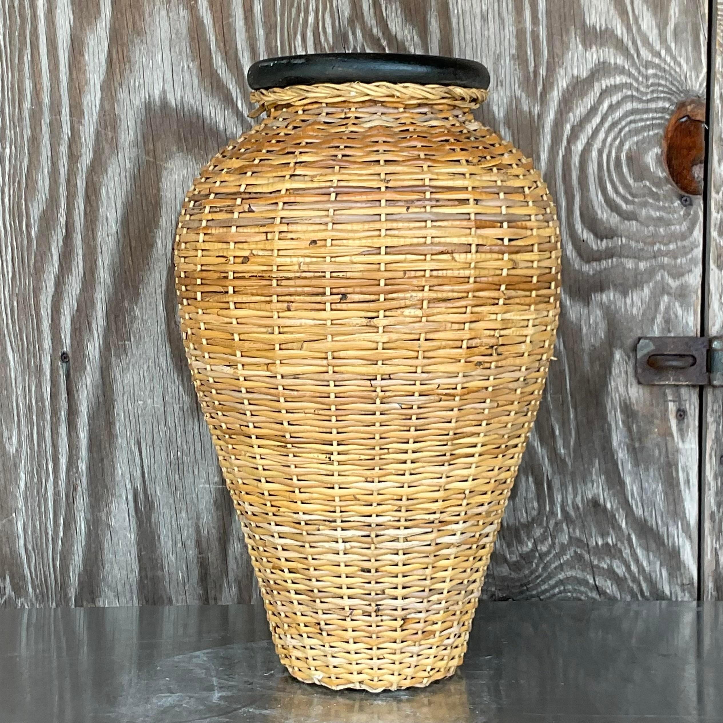 Vintage Coastal Woven Rattan Over Terra Cotta Vase In Good Condition For Sale In west palm beach, FL