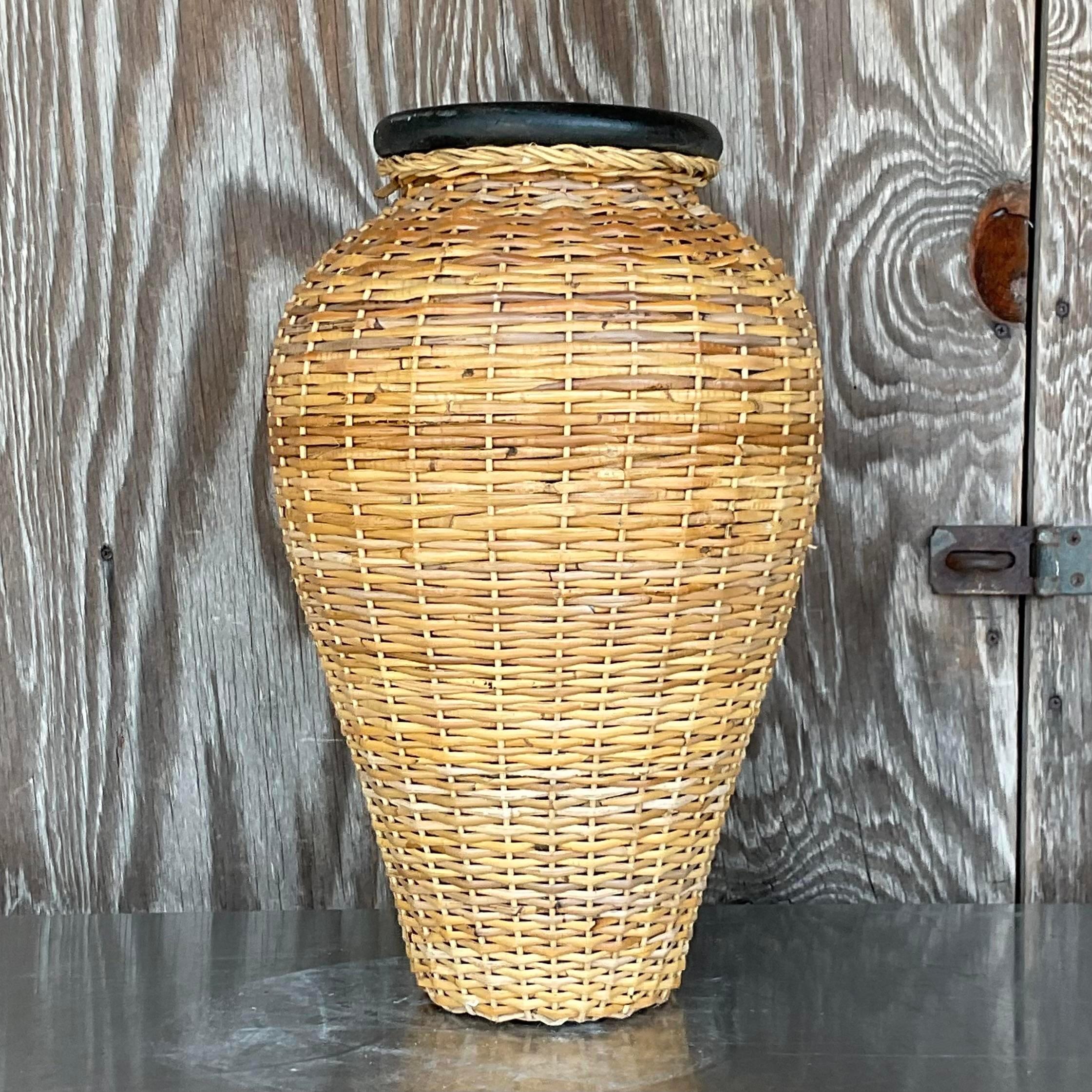 20th Century Vintage Coastal Woven Rattan Over Terra Cotta Vase For Sale