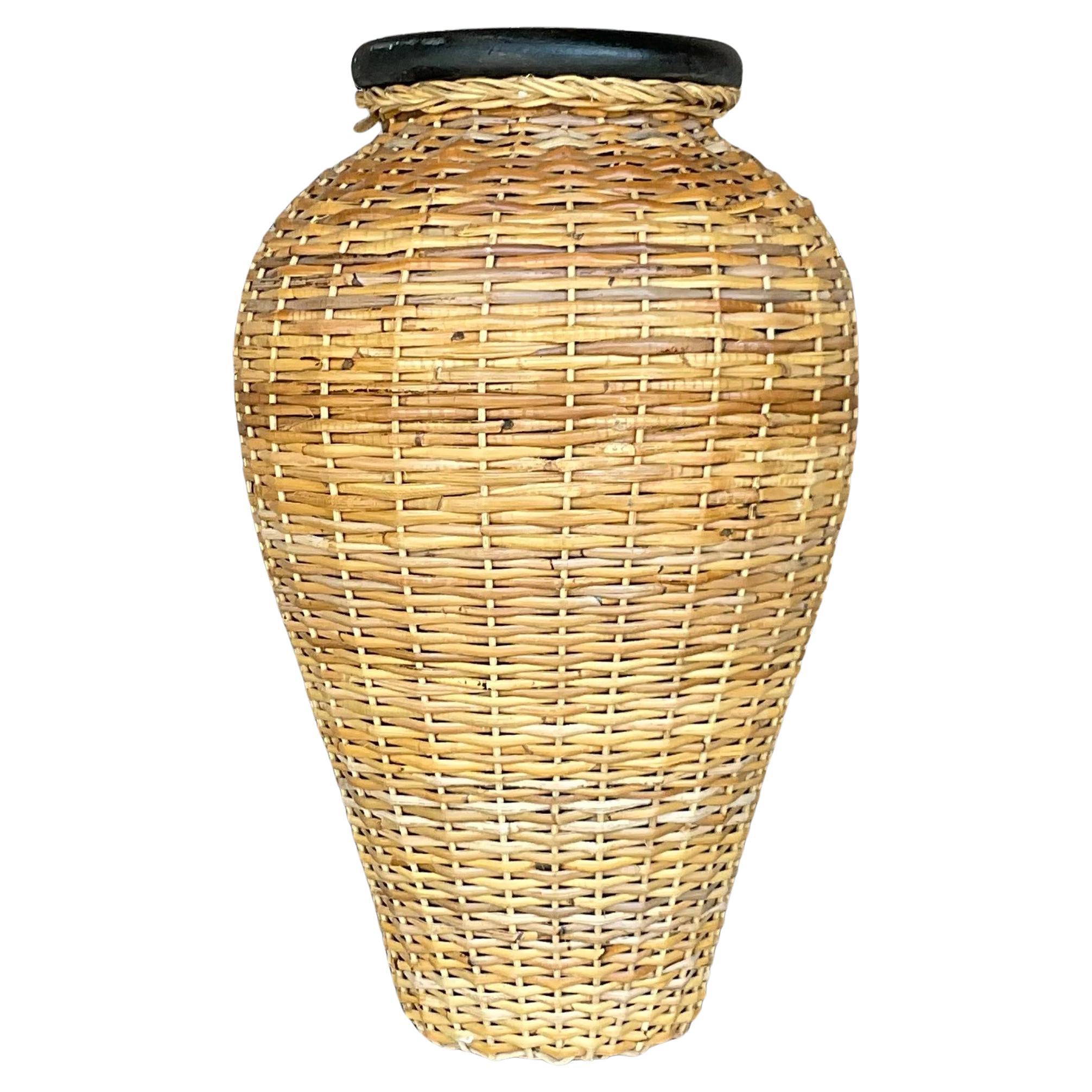 Vintage Coastal Woven Rattan Over Terra Cotta Vase For Sale