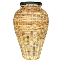 Vintage Coastal Woven Rattan Over Terra Cotta Vase