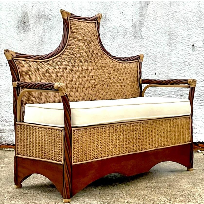 Vintage Coastal Woven Rattan Pagoda Bench In Good Condition In west palm beach, FL