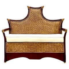 Vintage Coastal Woven Rattan Pagoda Bench