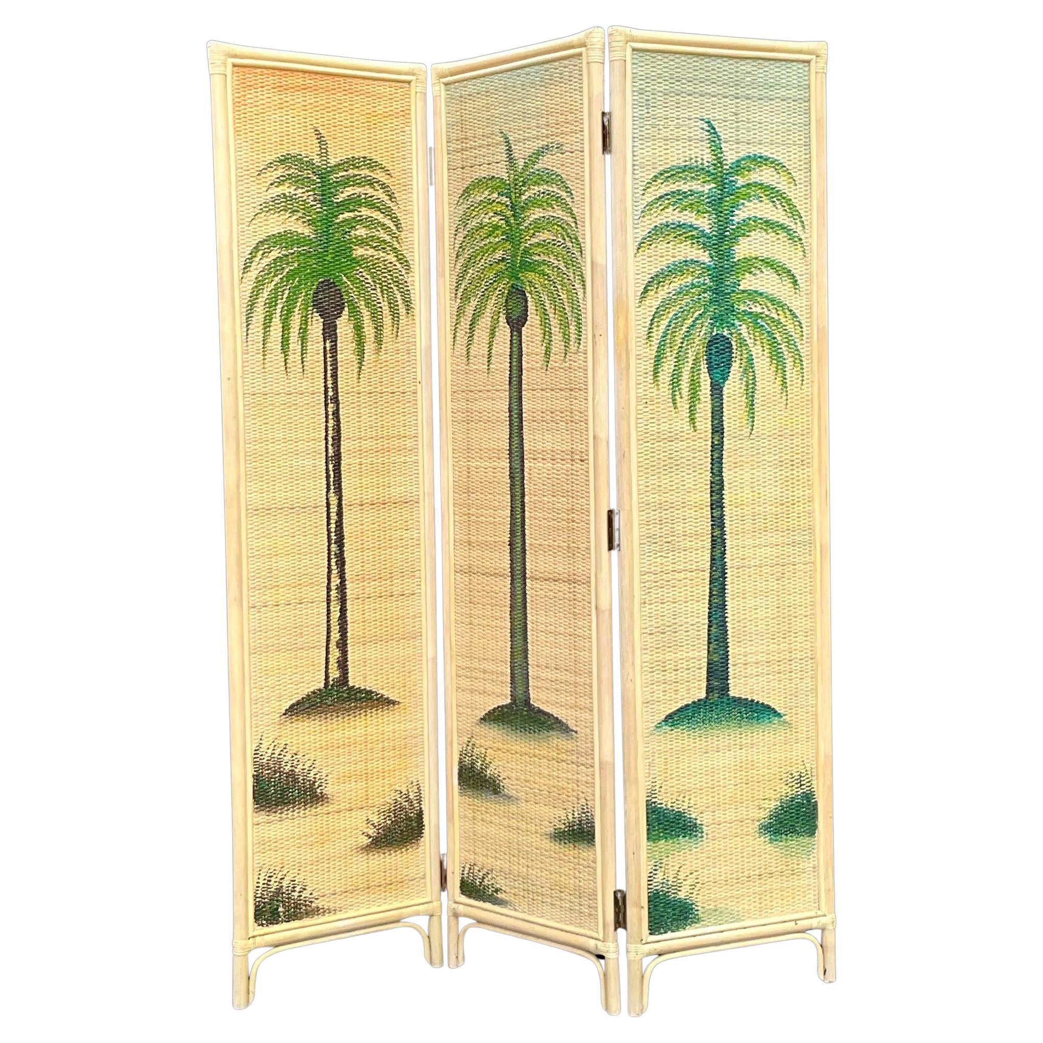 Vintage Coastal Woven Rattan Palm Tree Screen