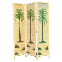 Vintage Coastal Woven Rattan Palm Tree Screen