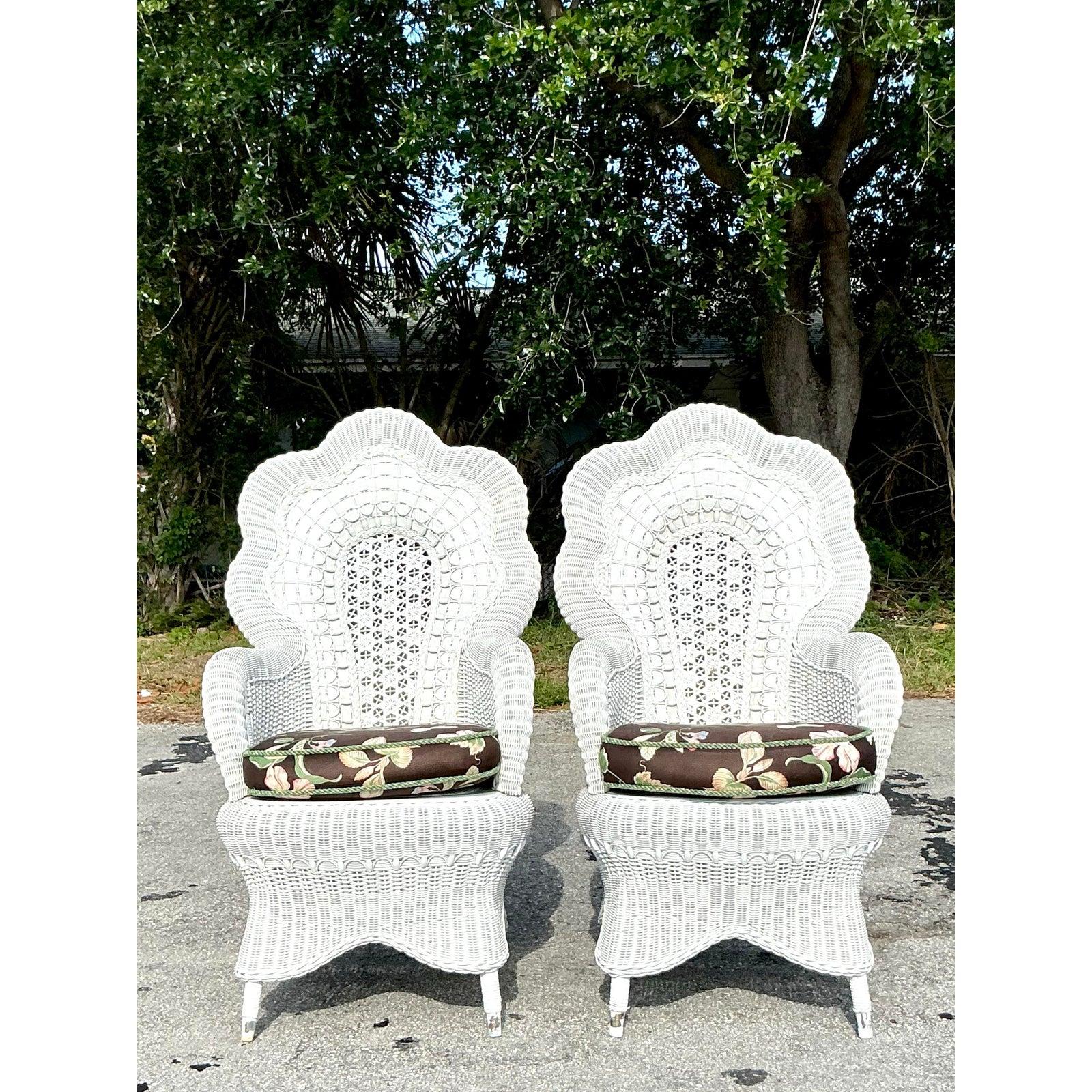 Vintage Coastal Woven Rattan Peacock Chairs - A Pair In Good Condition In west palm beach, FL