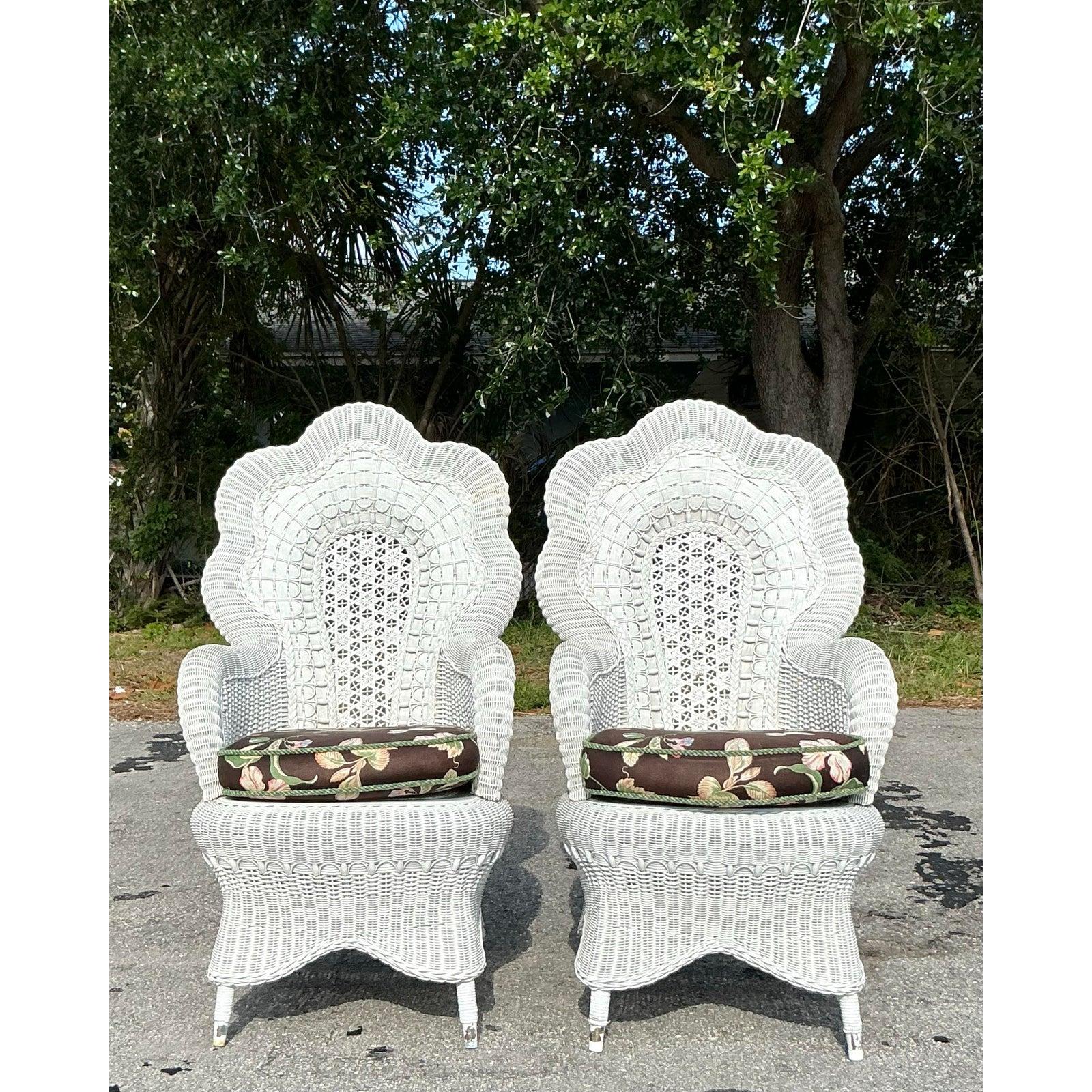 20th Century Vintage Coastal Woven Rattan Peacock Chairs - A Pair