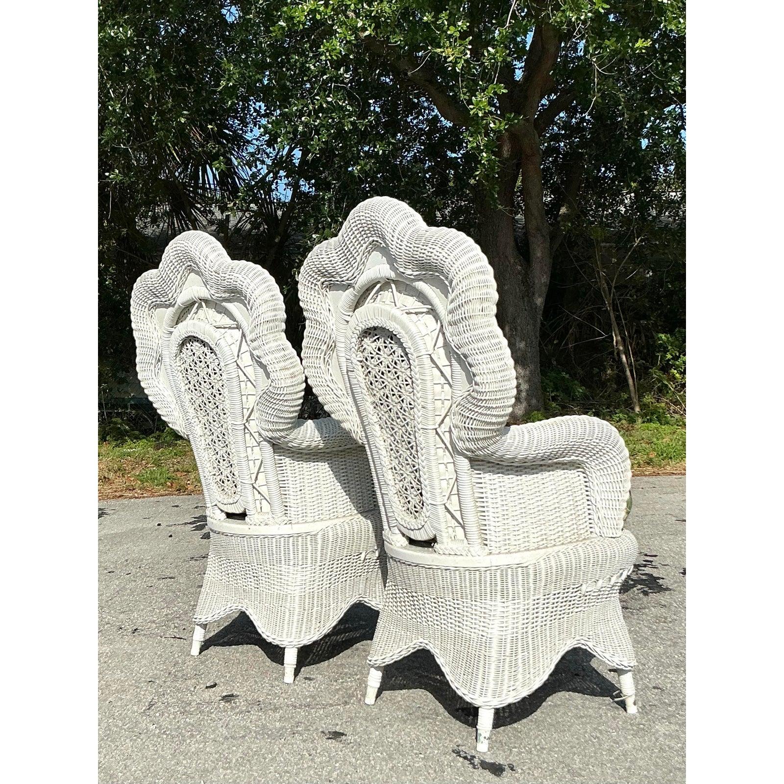 Fabric Vintage Coastal Woven Rattan Peacock Chairs - A Pair