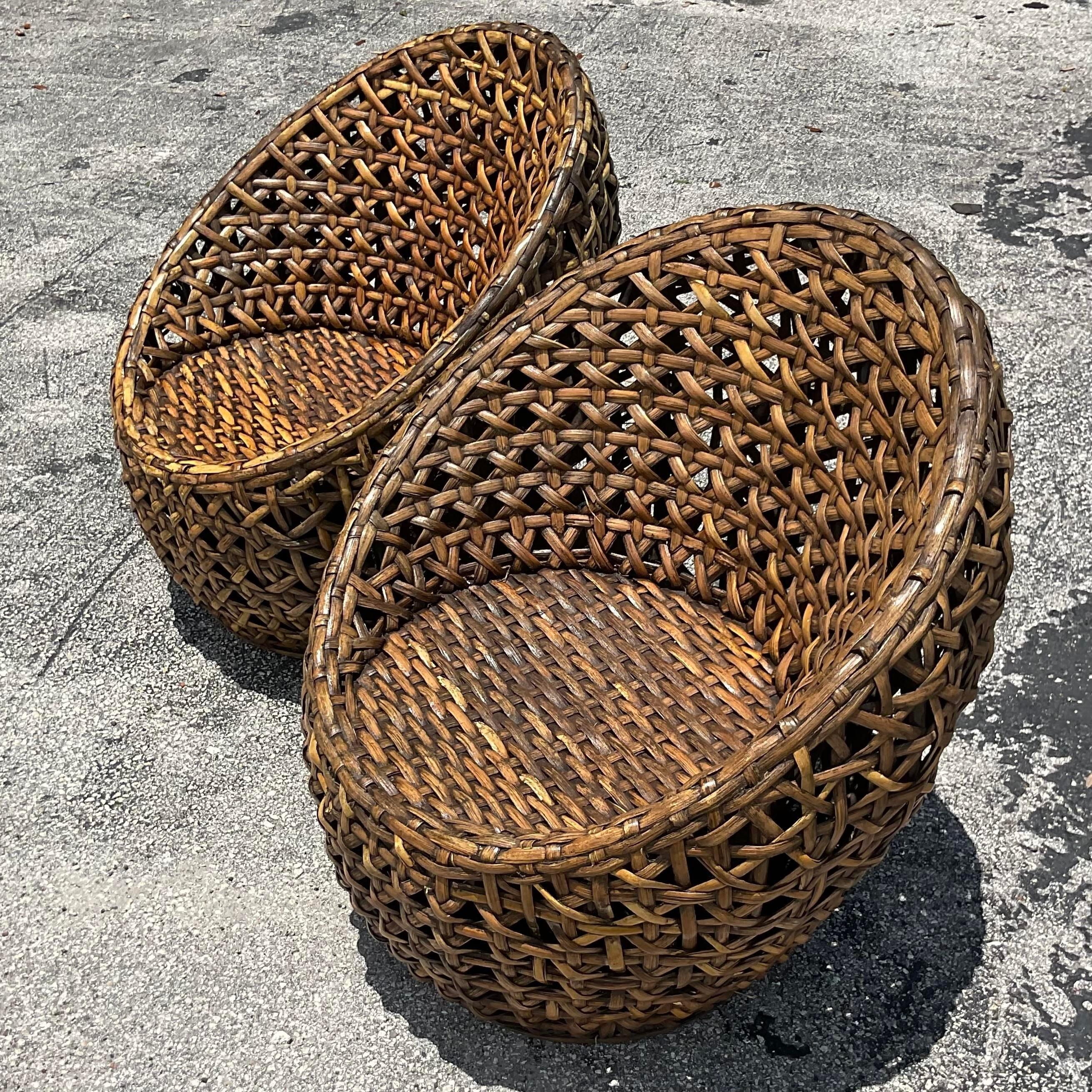 20th Century Vintage Coastal Woven Rattan Pod Chairs, a Pair