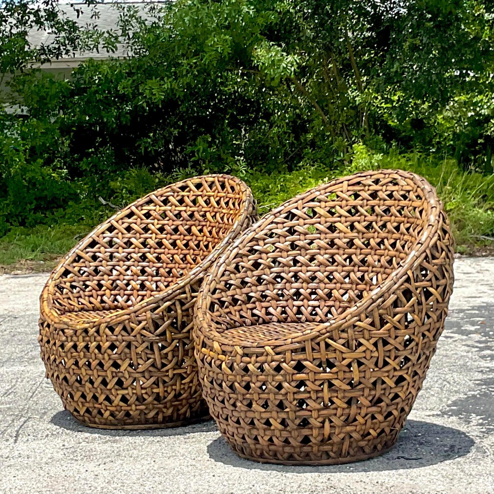 Vintage Coastal Woven Rattan Pod Chairs, a Pair 1