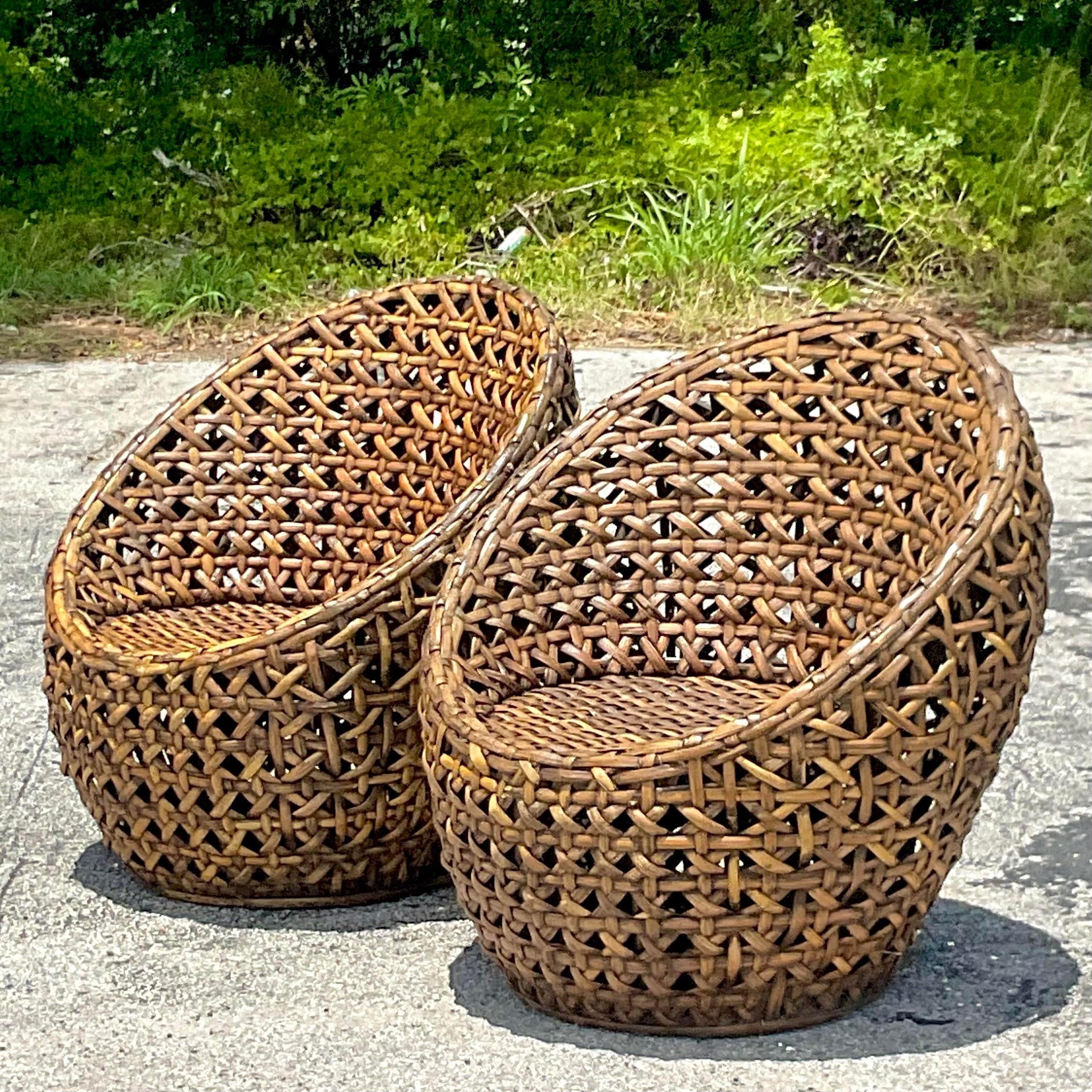 Vintage Coastal Woven Rattan Pod Chairs, a Pair 2