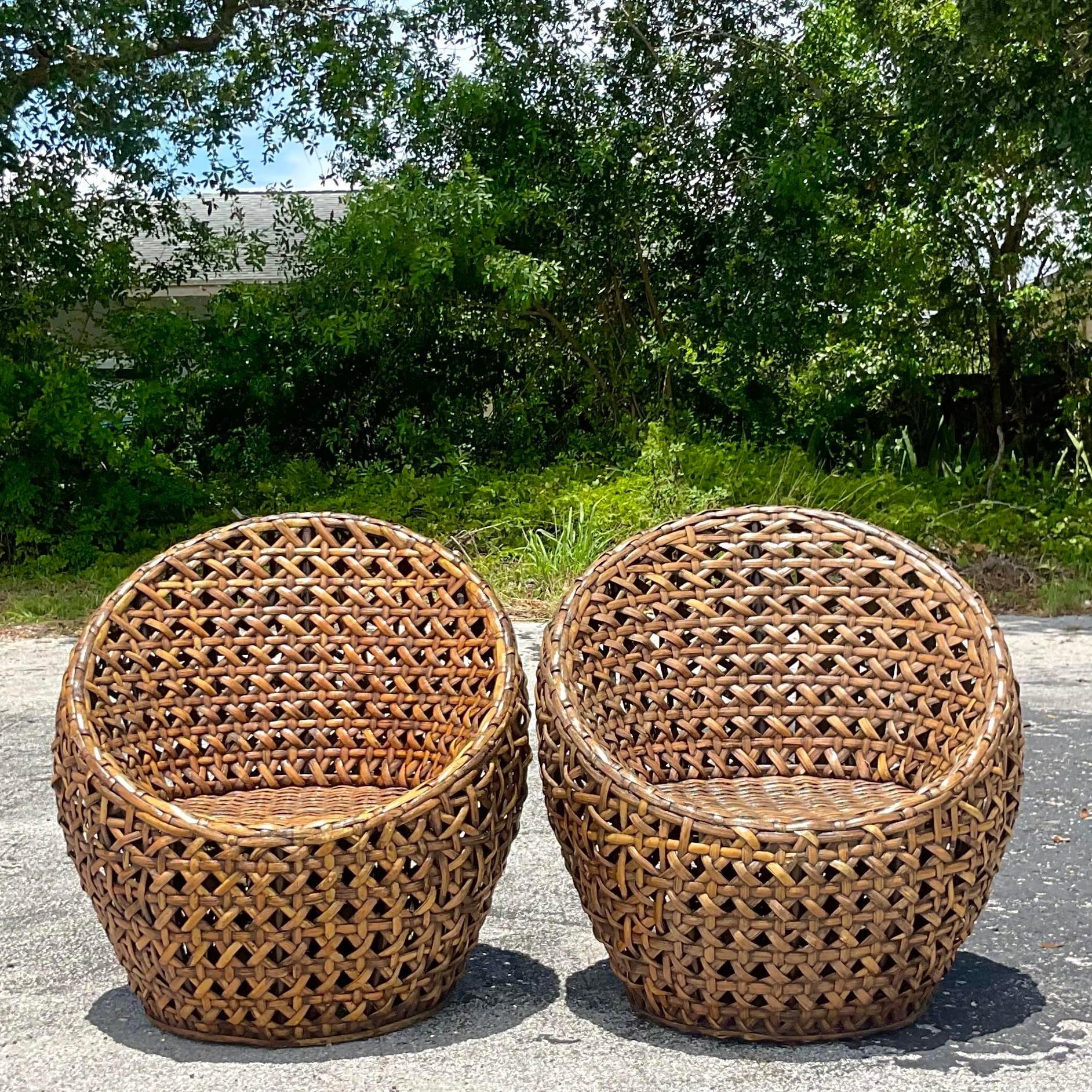 Vintage Coastal Woven Rattan Pod Chairs, a Pair 3