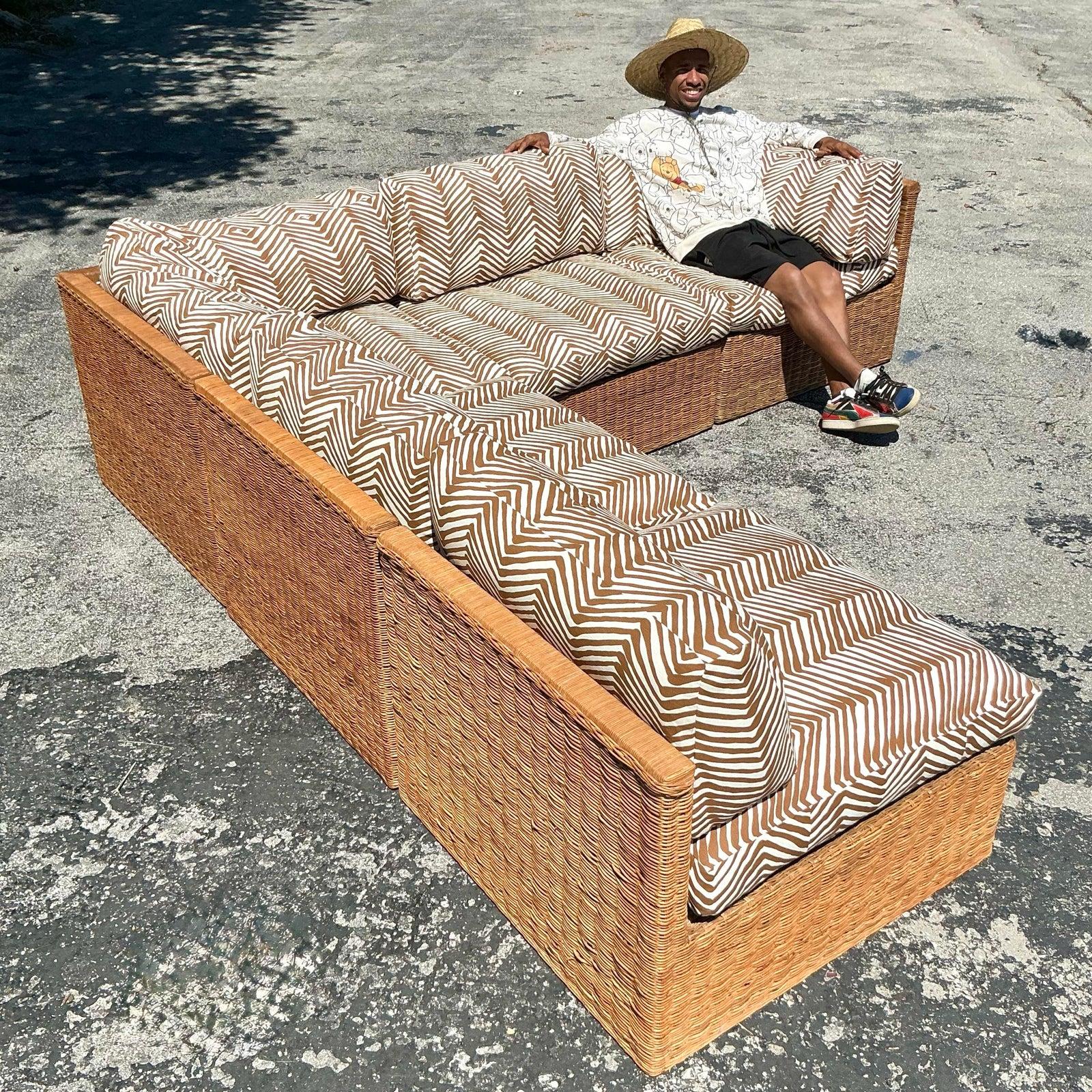 Vintage Coastal Woven Rattan Quadrille “Zig Zag” Sectional Sofa 4