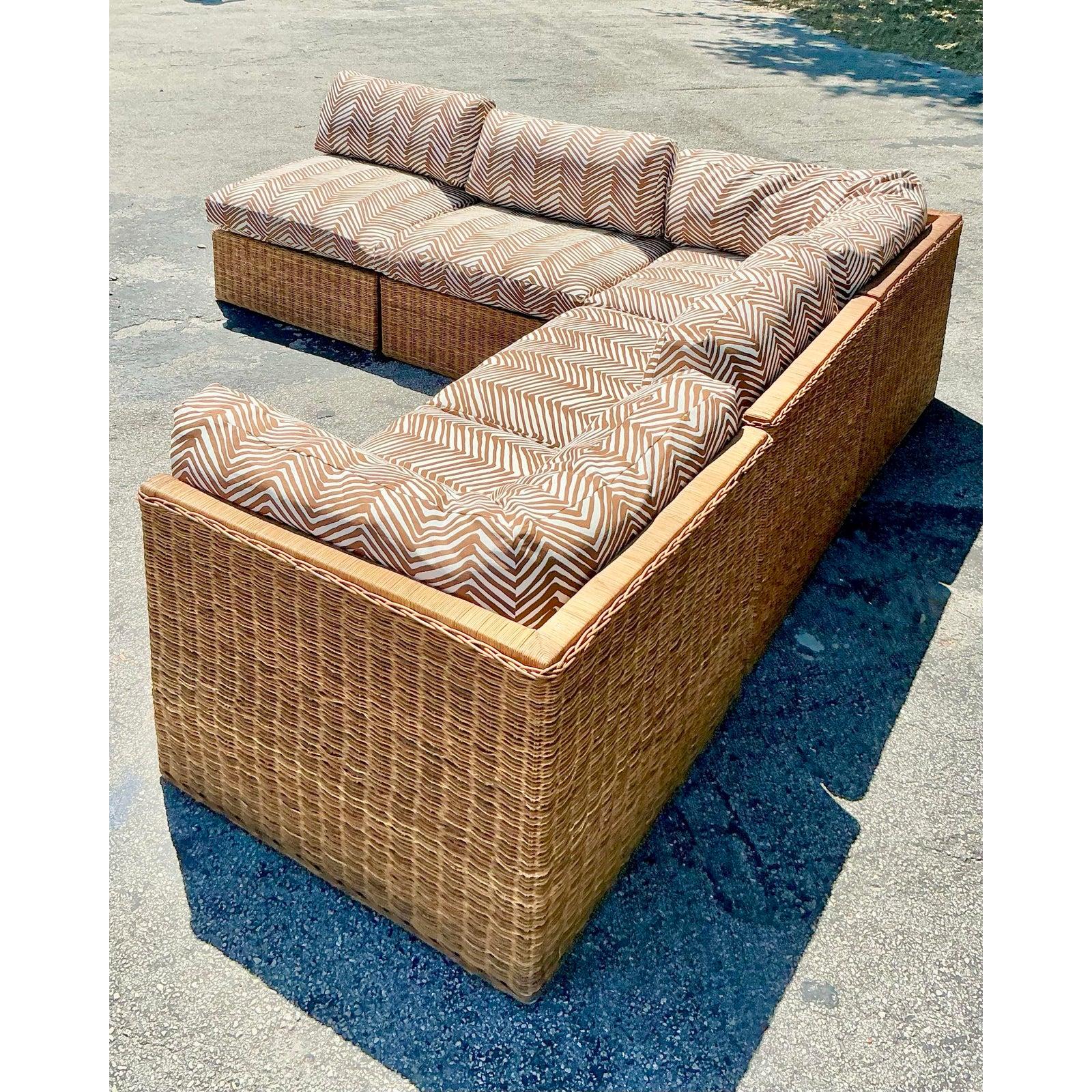 Vintage Coastal Woven Rattan Quadrille “Zig Zag” Sectional Sofa 5