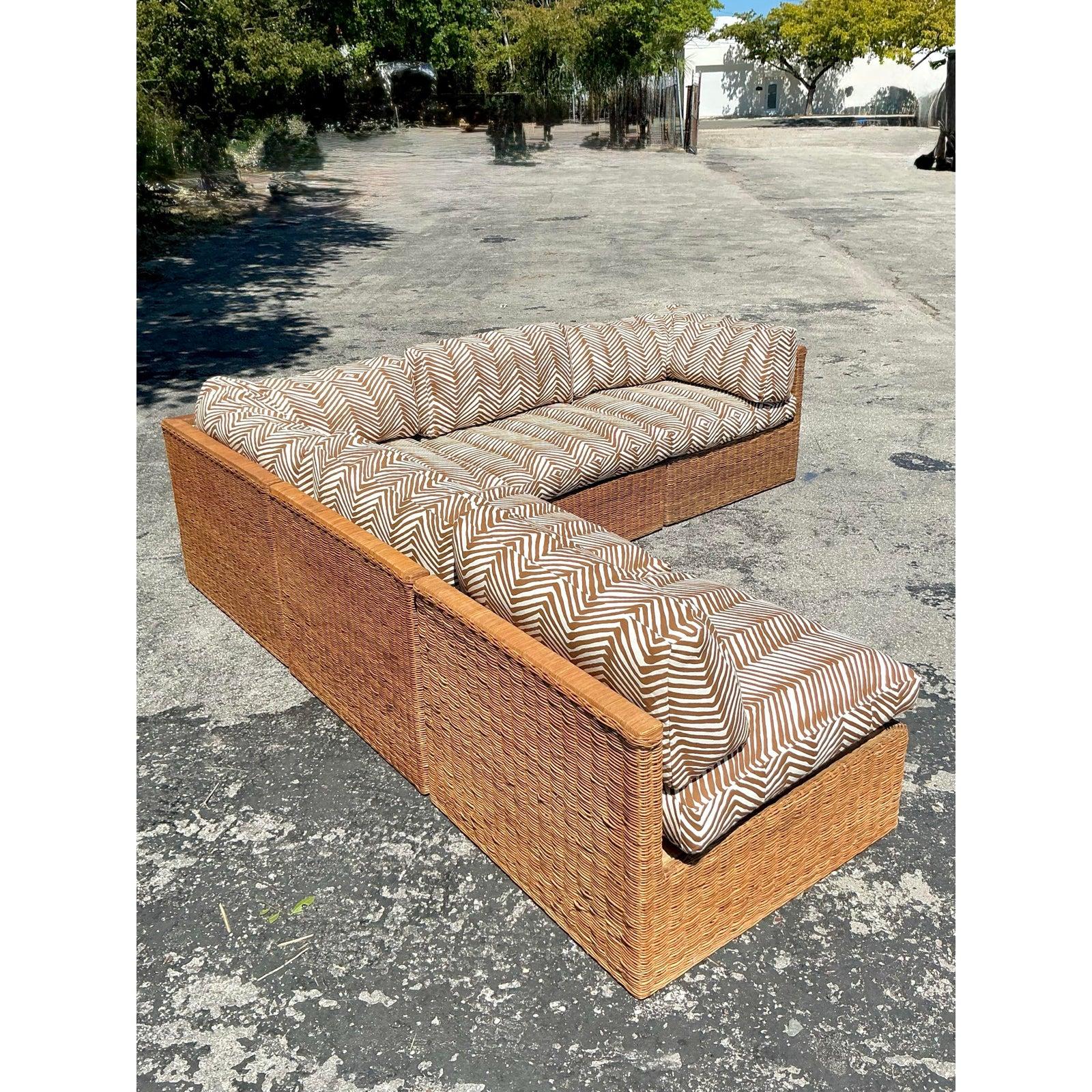 Vintage Coastal Woven Rattan Quadrille “Zig Zag” Sectional Sofa 6