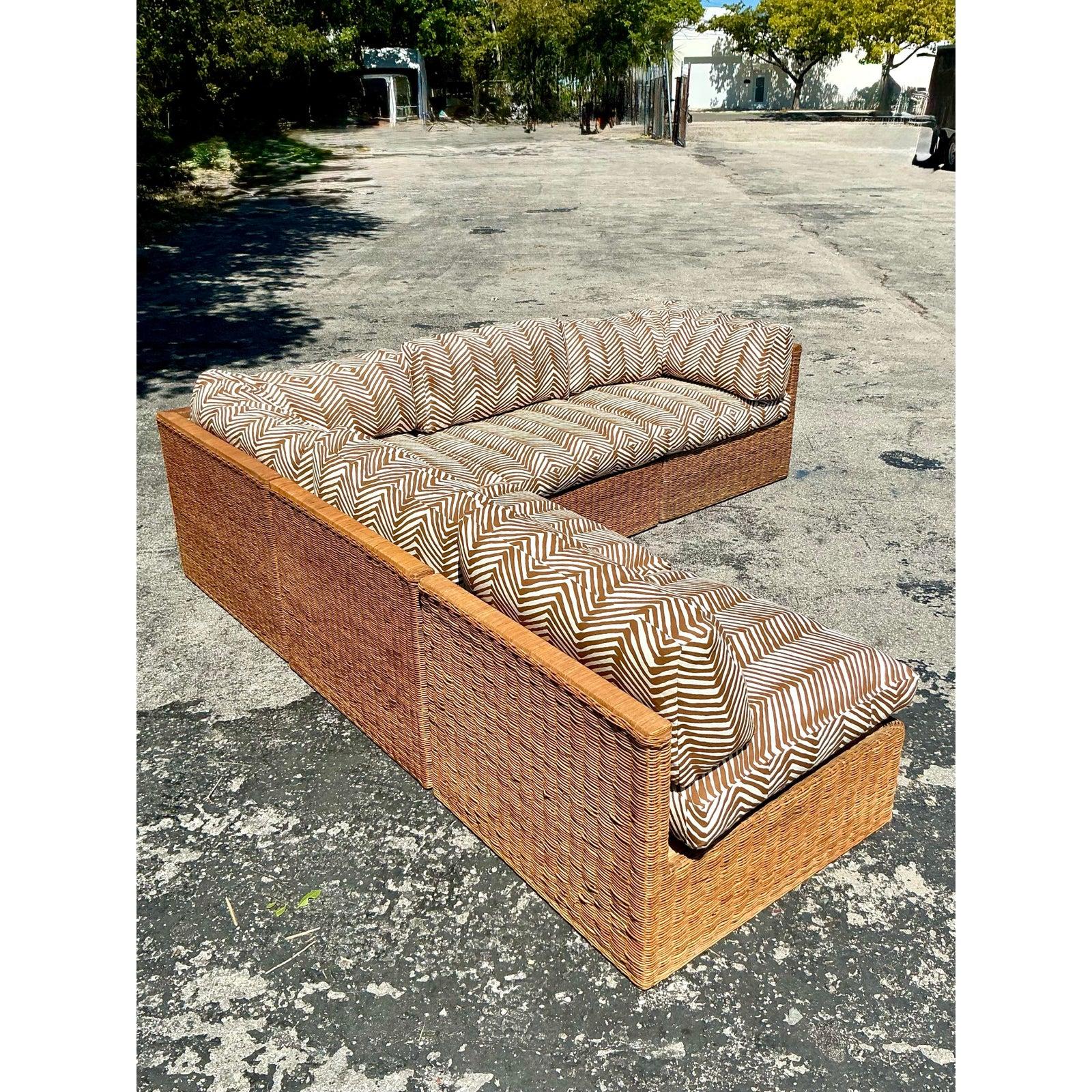 Philippine Vintage Coastal Woven Rattan Quadrille “Zig Zag” Sectional Sofa