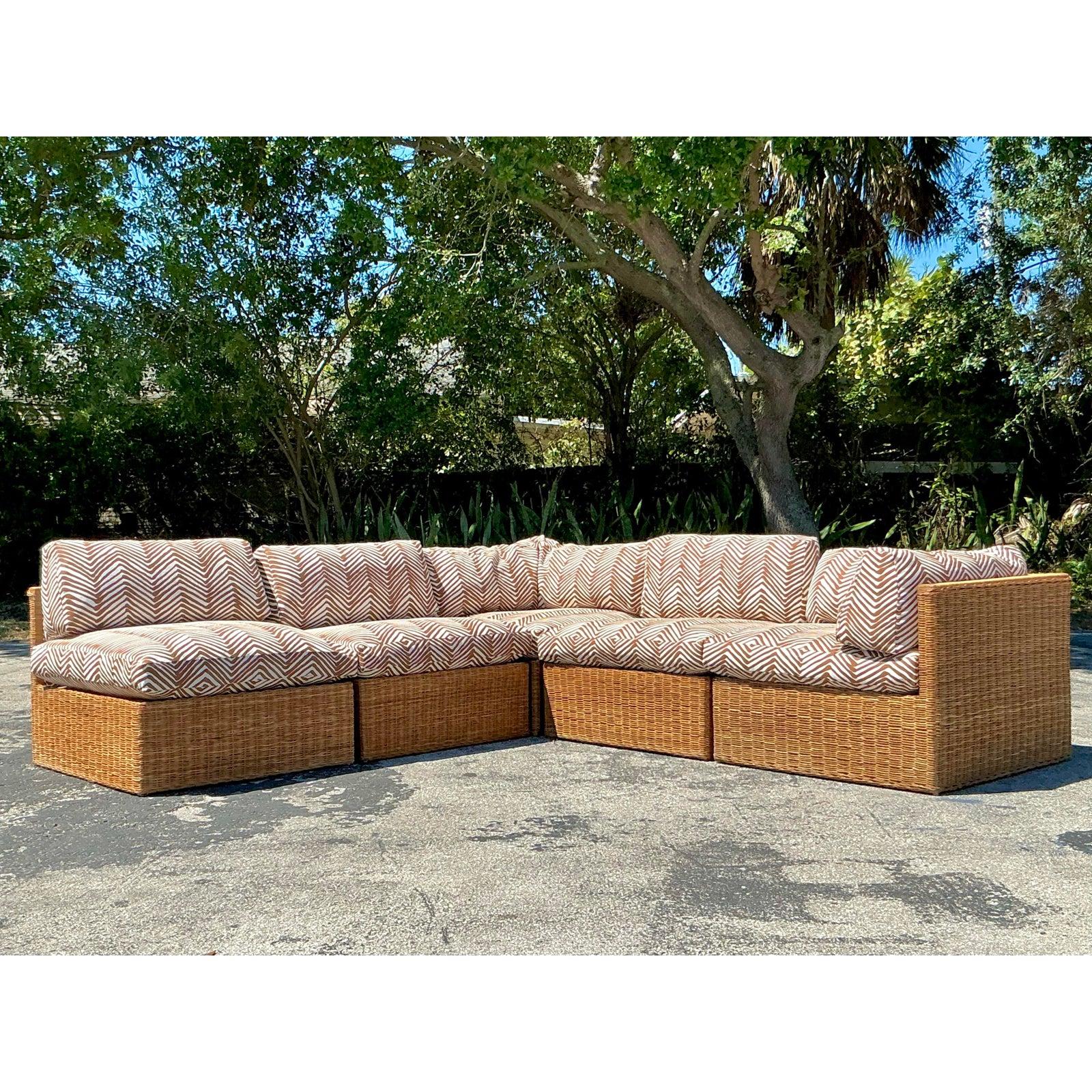 20th Century Vintage Coastal Woven Rattan Quadrille “Zig Zag” Sectional Sofa